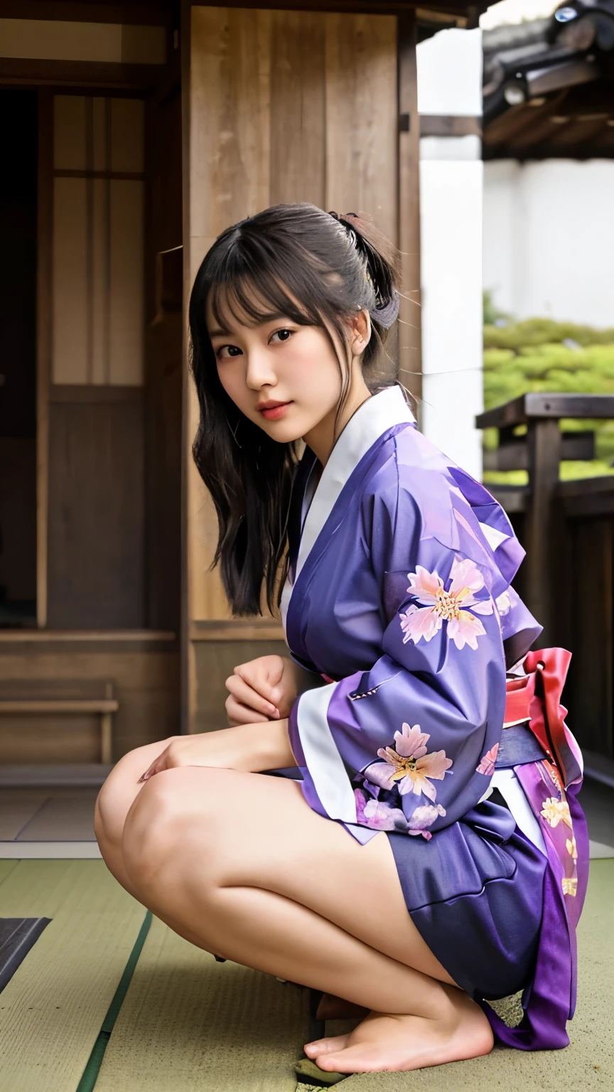 (in 8K、RAW Photos、top-quality、​masterpiece:1.2)、(realisitic、Photorealsitic:1.37)、ultra-detailliert、超A high resolution、(((Beautiful girl in Japan in yukata is squatting)))、(Have a yoyo)、(((Night background、Scenery of the Japan Festival、Background blur)))、woman wearing the kimono、classy yukata clothing、Wearing a colorful yukata、Wearing a kimono、japanese kimono、wearing a haori、Yukata with morning glory pattern、Sandals、Bare legged、Cotton underwear、dynamic ungle、动态照明