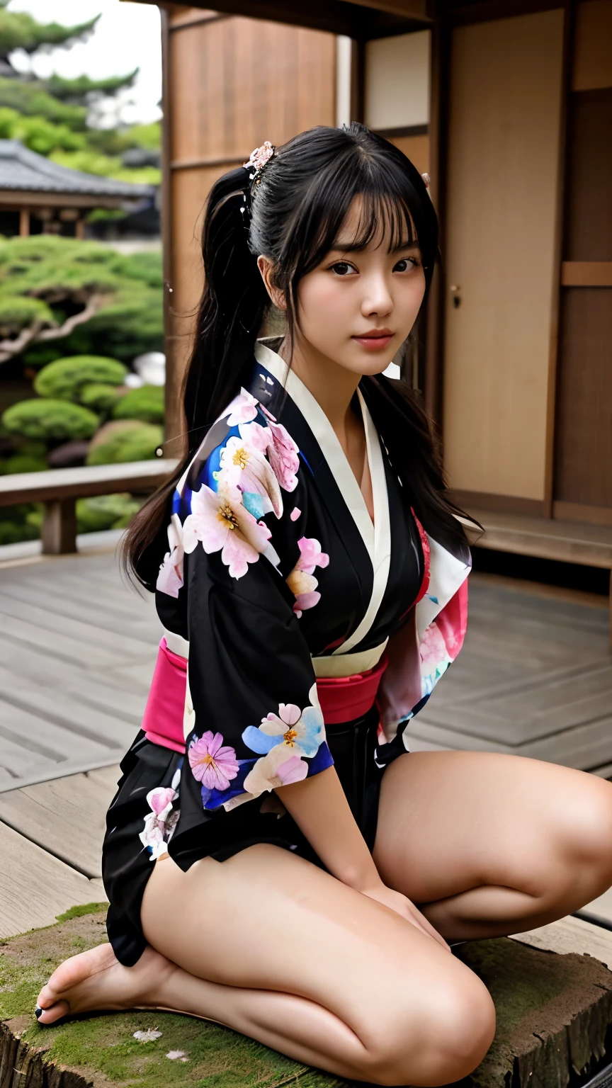 最high quality、high quality、best image quality、8K、最High resolution、High resolution、最high quality、masterpiece、realistic pictures、RAW photo、realistic atmosphere、(detailed face)、(fine hands、thumb1reference4)、(beauty of japan )、very nice face、cute face、((beautiful japanese girl))、(woman), ((18 year old beautiful girl))、(glossy black hair)、(straight long hair)、(ponytail)、whole body、slim style、(shiny skin)、(Fair skin, Glossy skin)、real human skin、realistic human body structure、perfect body, perfect face, perfect hands, perfect fingers, perfect lips, perfect eyes,perfect teeth、perfect background, perfect atmosphere,look at the camera、 soft natural light、samurai kimono、maiko kimono、servant、geisha kimono、Depictions of sex、The shape of the nipple is clearly visible、The shape of the genitals is clearly visible、japanese kimono、Furisode、kimono、Yukata、japanese traditional、In front of the samurai residence garden、((Transparent vinyl(flowery kimono、Hakama with side slits))、((sit on the stump with your knees bent(Pose that makes your thighs look beautiful))