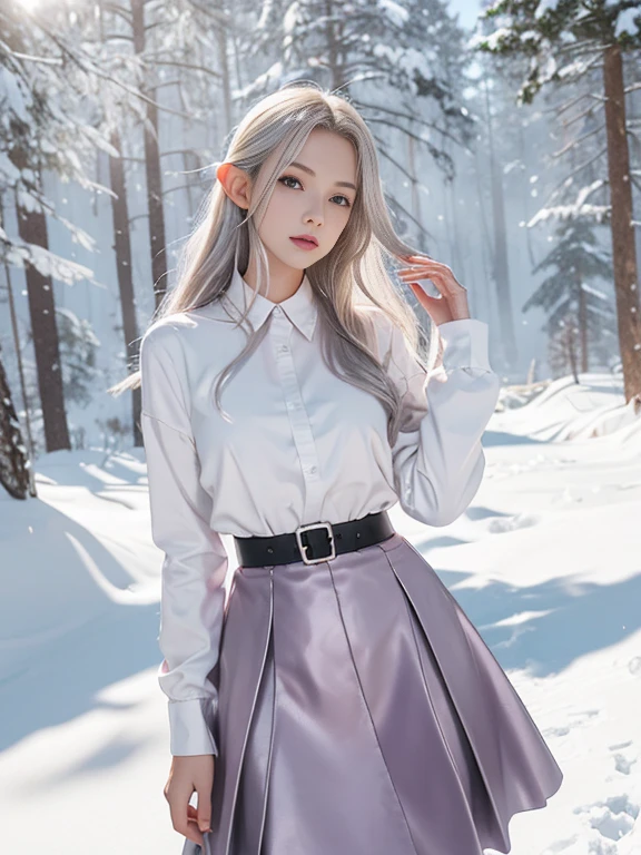 8K, highest quality, RAW photo, ultra high resolution silver blonde silver hair eyes are pink cool beauty beautiful butt thin eyebrows 2 limbs alone beautiful nose Make the nose smaller droopy eyes glamorous mouth pale red-purple casual shirt black leather long skirt white long coat Sparkling fantastic scenery raise your hands and look up Panoramic shooting Minimize exposure as much as possible elf ears larger fabric area snowfield Diamond dust snow scene