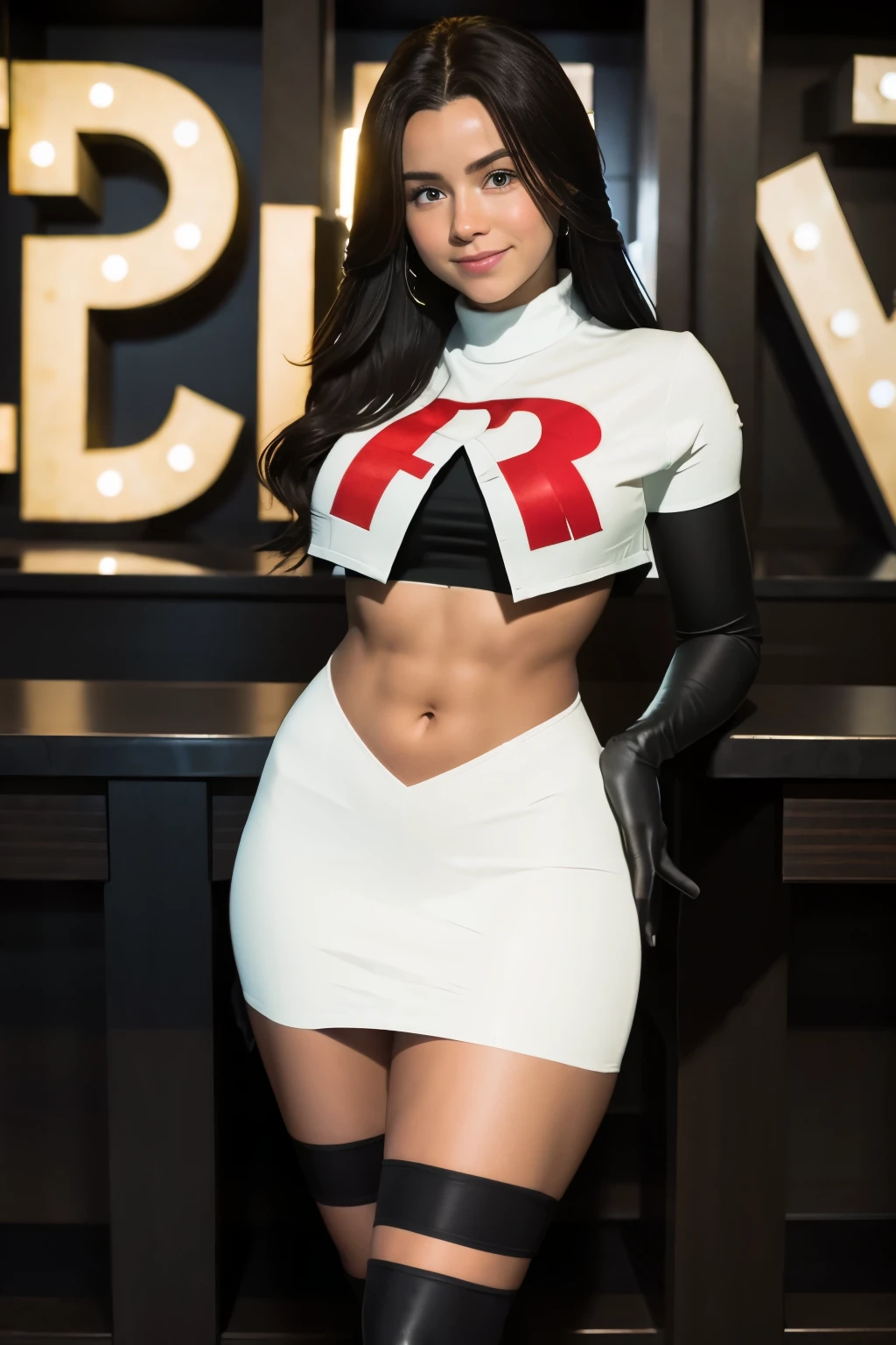 pernillamouritzen, a woman wearing team rocket,team rocket uniform,white skirt,red letter R,crop top,black thigh-highs,black elbow gloves,