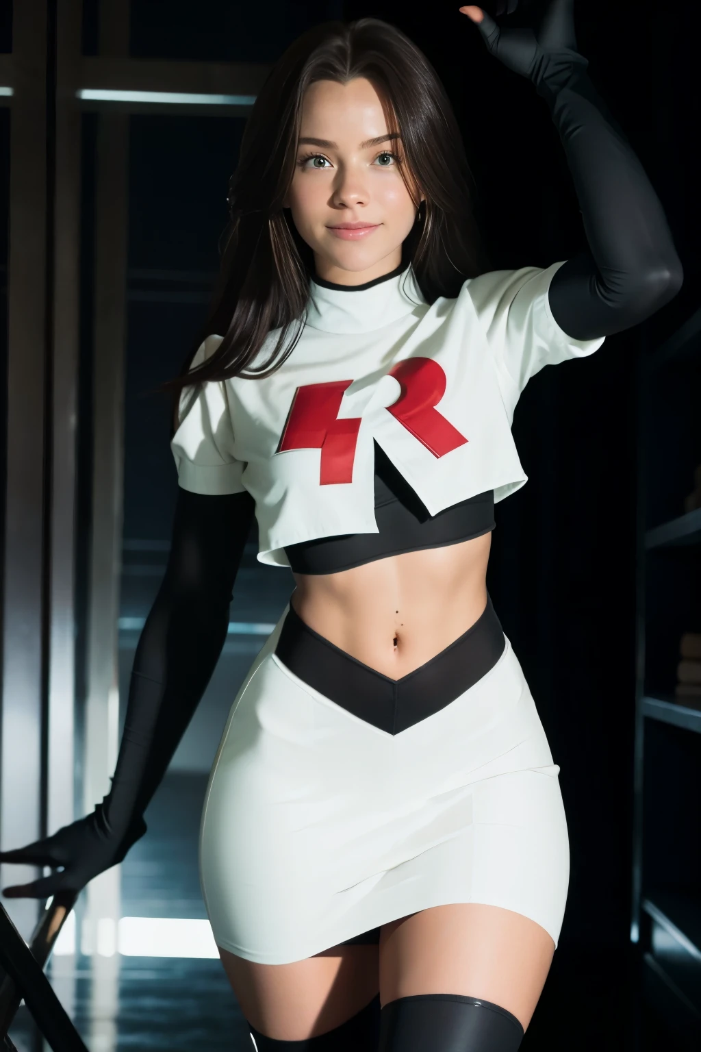 pernillamouritzen, a woman wearing team rocket,team rocket uniform,white skirt,red letter R,crop top,black thigh-highs,black elbow gloves,