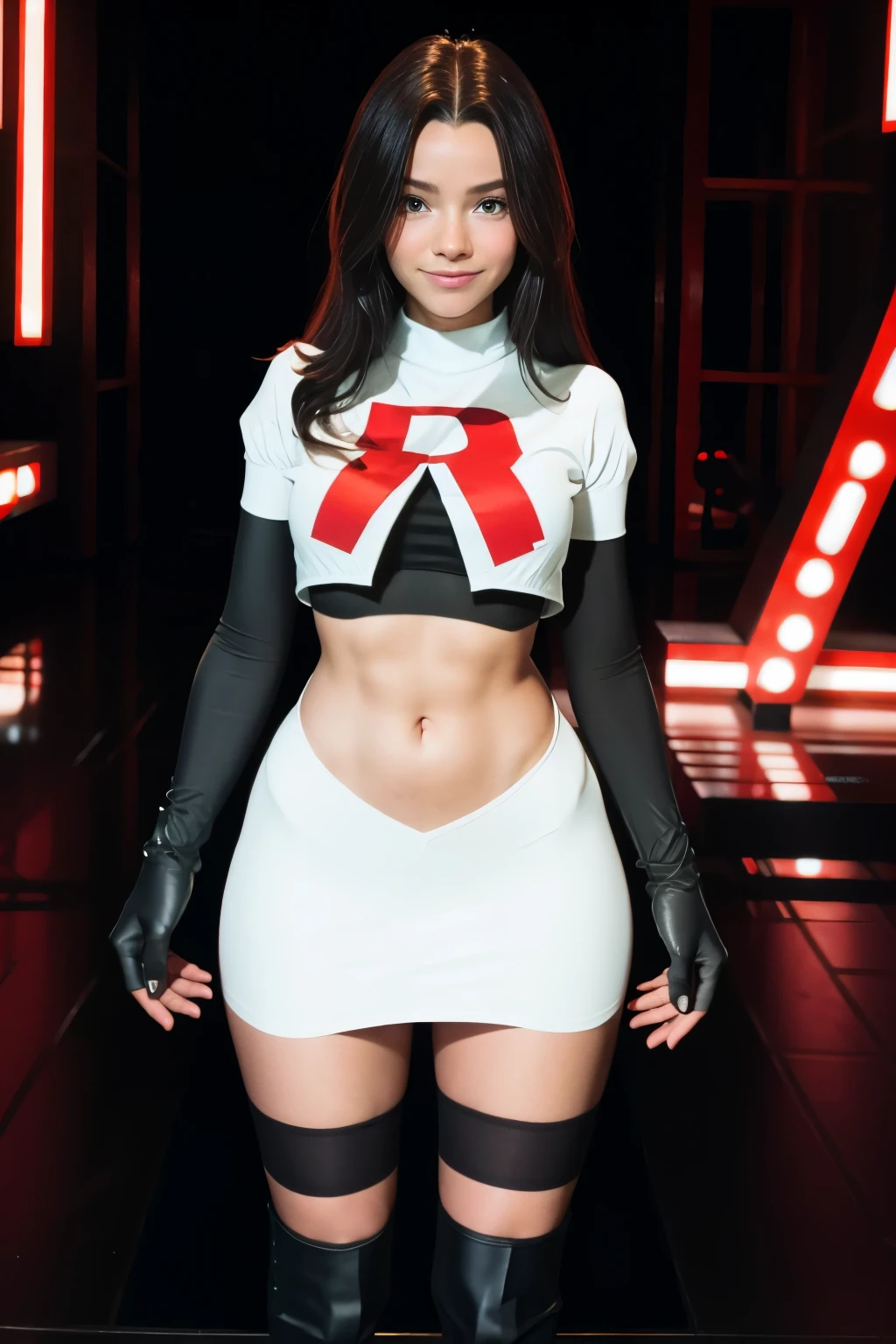 pernillamouritzen, a woman wearing team rocket,team rocket uniform,white skirt,red letter R,crop top,black thigh-highs,black elbow gloves,