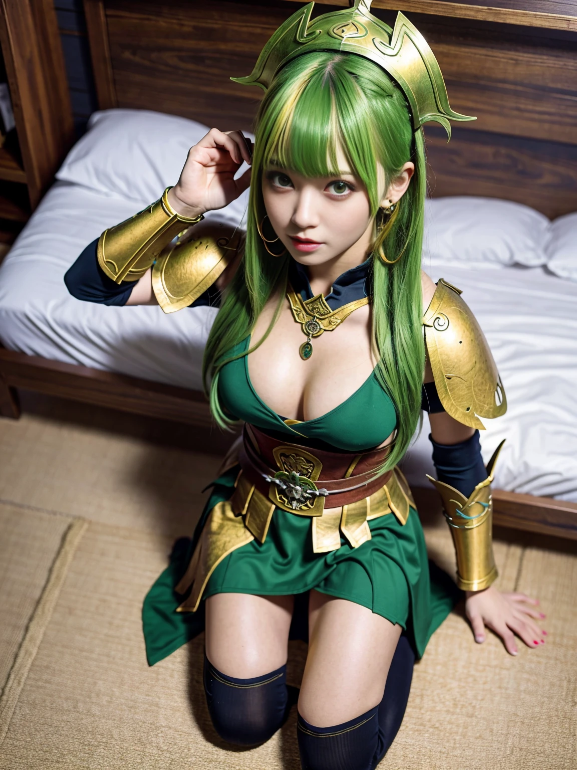(photo realistic1.2),ultra detailed,(8K),(1girl),(Fantasy World:1.5),(wooden house),(bed),Clothing with low sheen,(warrior Costume:1.5),warrior items on the wall,warrior gear,(warrior Hat),skirt,topless, (small nipples), (big breasts: 1.2),nude gravure, beautiful Japanese, clothes in disarray,earrings,moderate muscle tone,(from above:1.5),(looking at viewer),(kneeling pose),smirk,(upper body),(spread legs:1.2),(yellow green hair),(medium hair),22years old,