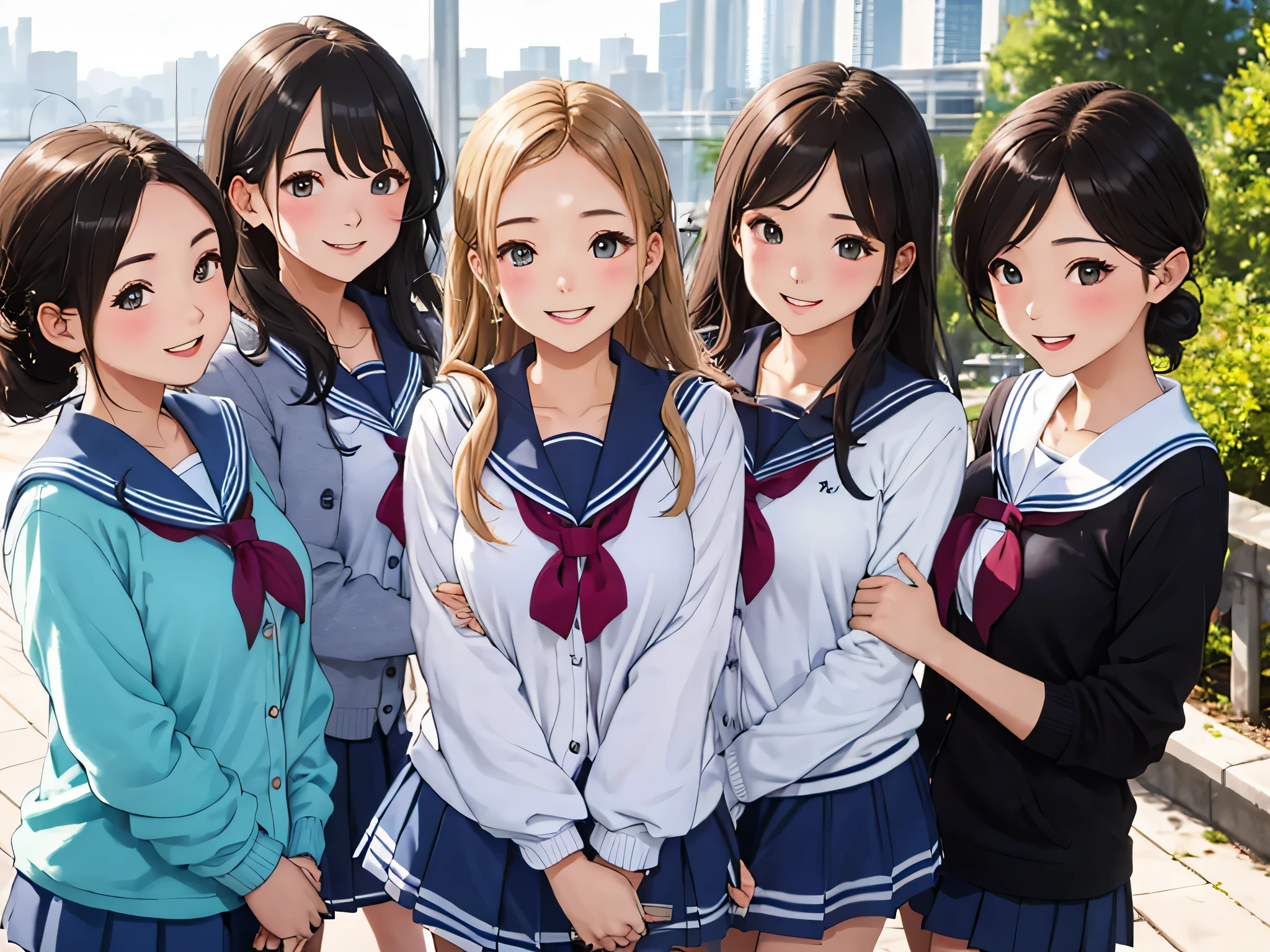 highest quality、High resolution、High resolution、Beautiful teenage girl、Four women,sailor suit,cute hairstyle,perfect skin,huge breasts、Look at me happily、smile、laughter、sexual expression、Upper body、Cute colored school cardigan