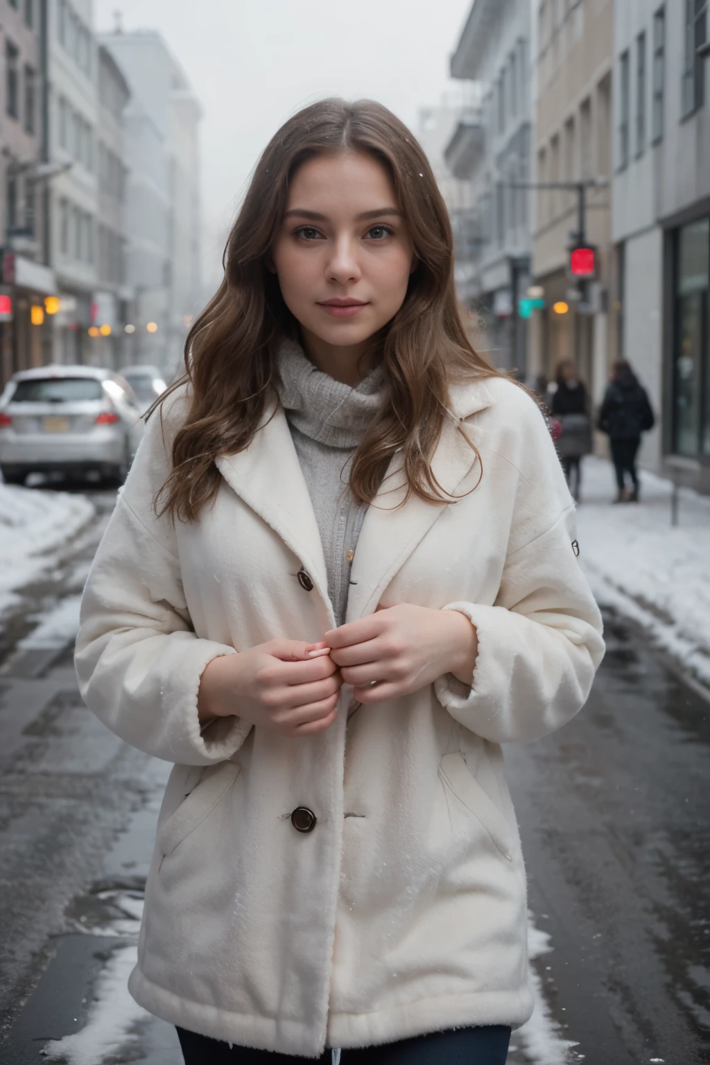 professional portrait photograph of a gorgeous Norwegian girl in winter clothing with long wavy blonde hair, sultry flirty look, gorgeous symmetrical face, cute natural makeup, wearing elegant warm winter fashion clothing, ((standing outside in snowy city street)), stunning modern urban environment, ultra realistic, concept art, elegant, highly detailed, intricate, sharp focus, depth of field, f/1. 8, 85mm, medium shot, mid shot, (((professionally color graded))), bright soft diffused light, (volumetric fog), trending on instagram, hdr 4k, 8k