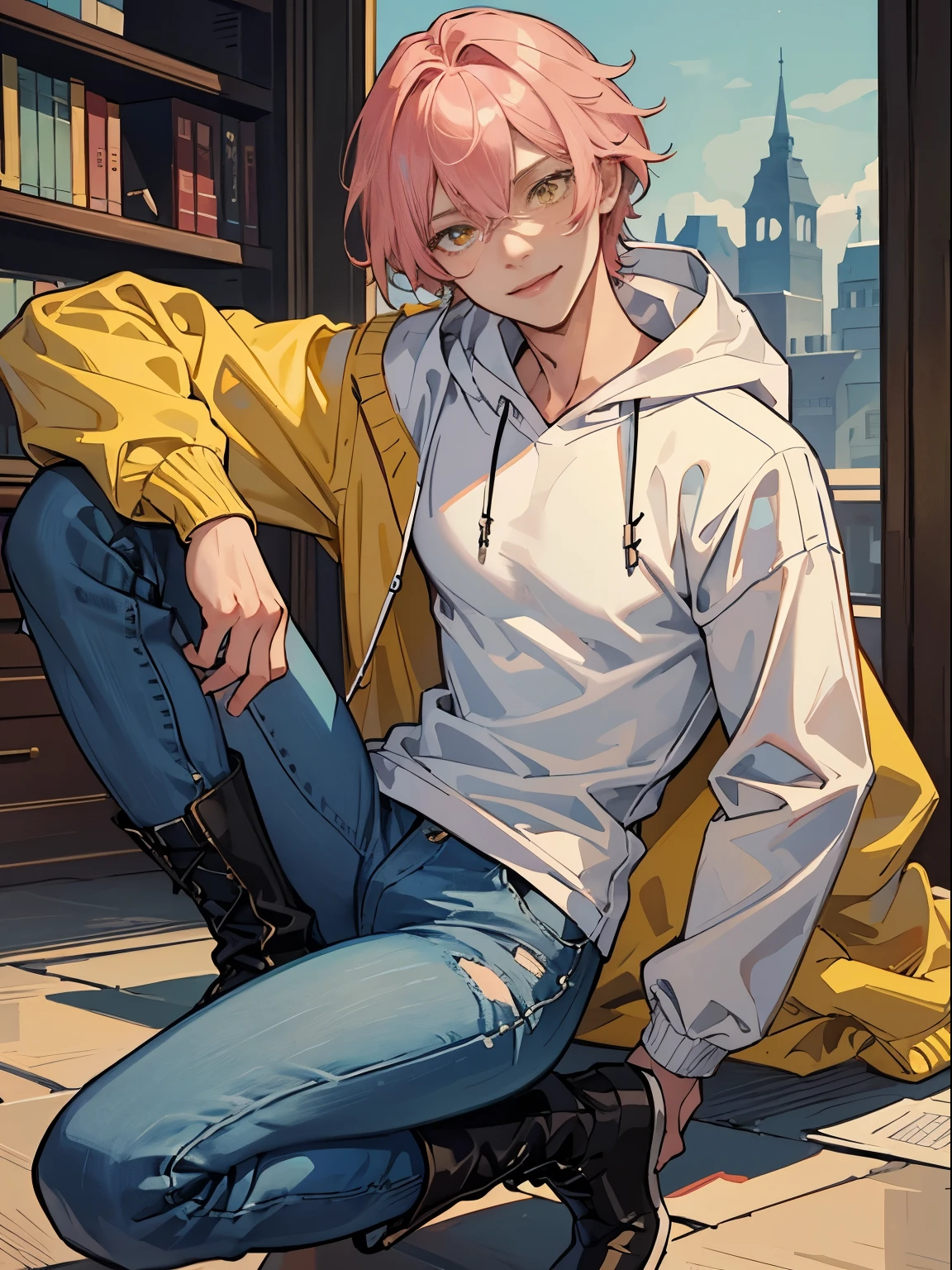 v tuber, 1boy, male focus, solo, pink hair, wolf cut, shag, fluffy hair, short thin braid, light blue eyes, library background, tall brown boots, fashion boots, heeled boots, full_body, straight-on, looking_at_viewer, blue skinny jeans, kapris, jeans tucked into boots, long thin legs, playful smile, tilted head, broad shoulders, muscular, white under shirt, yellow hooded jacket, yellow jacket, (VERY DETAILED EYES:1.5)