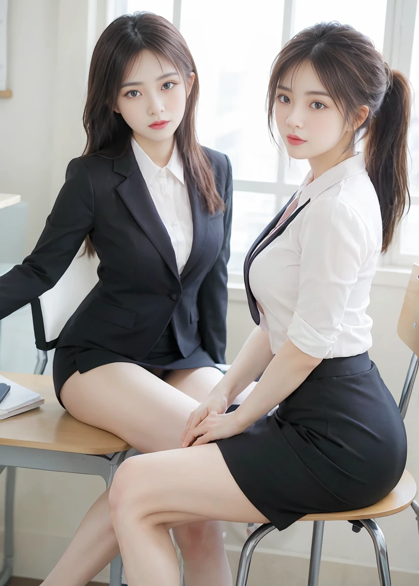 female duo、finely, High resolution, high quality、、perfect dynamic composition, ponytail、beautiful and fine eyes, from below、from below、sit on a desk chair at work、panties sitting on a chair、Two-handed piece、look at the camera、random pose、 23 years old、2 persons、business suit、pencil skirt、friend with beautiful legs