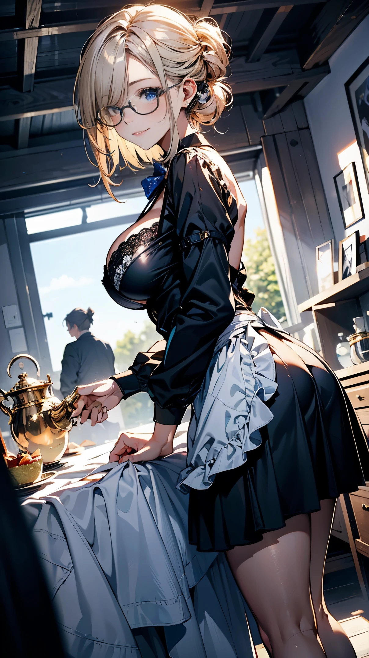 (best quality, masterpiece), (ultra high resolution, 8K RAW photo, photo realistics:1.5, cinematic lighting, textile shading, thin outline, clear focus:1.2), Beautuful Matured woman preparing tea_party in the garden, standing by the round table, dispensing a cup of tea, leaning forward, (meisen's tea set, tea pot, tea cups, some cakes on dish), delicate and classy British style white table with gold accents and royal_blue, wearing light_brown maid uniform, breast cleavage, maid costume:1.2, long flare skirts, apron, bow ties on the chest, long tall sally, long legs, white hair, (wearing thin-flame glasses:1.2), (milf:1.5, 28 years old, solo), (large breast, sagging breast, big tits, narrow waist), (medium short white hair, hair over one eye, (updo hair:1.2), side lock, asymmetric hair, wavy hair), (bright pupils, fine detailed eyes with highlight:1.3, high detailed face, Perfect face shape, eye rush), (seductitve smiling, half-closing eyes:1.2), (looking at viewers:1.3), (dutch angle, full body, from below:1.2), ((correct anatomy:1.5, correct hands)), (ideal ratio of body proportions), (outdoor:1.2, grass field), 