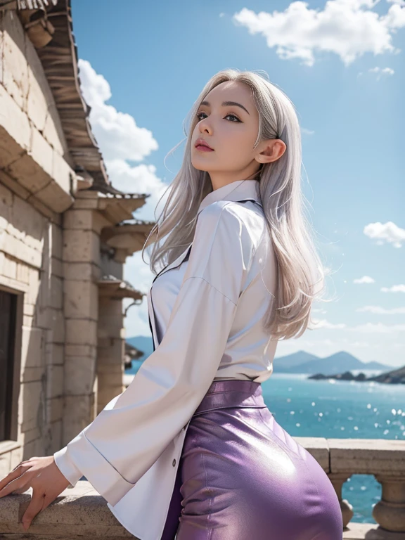 8K, highest quality, RAW photo, ultra high resolution silver blonde silver hair eyes are pink cool beauty beautiful butt thin eyebrows 2 limbs alone beautiful nose Make the nose smaller droopy eyes glamorous mouth pale red-purple casual shirt black leather long skirt white long coat Sparkling fantastic scenery Raise your hands and look up at the sky Panoramic shooting Minimize exposure as much as possible elf ears larger fabric area