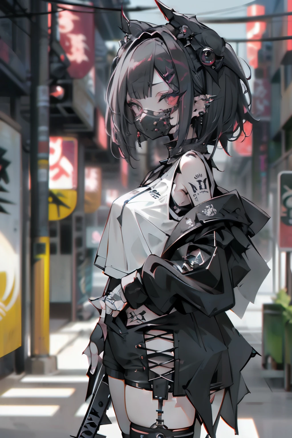 straight fadecut haired, Punk Girl, Without mohawk sleeves, The tattoo, head phone, 🎧, goth_punk, 1girl in, solo, medium shot, Walking in Harajuku, ((during night)), bokeh dof, Neon light, Iridescent eyes, gray eyes, red glowing hair, Black eyebrows, Radiant hair, (iridescent red hair), lots of earrings, labret, facial piercings, bangs, jewelry, masks, blunt bangs, Mouth mask, blurry background, blurry, hair adornments, Look at viewers, short hair, portraitures, side look, goth, (masterpiece), (Portrait), (Aesthetic), (Beautiful), (upper body), (High quality), (aesthetic clothings), (professional angle), (thirds rule), (Feminine), (Woman), (Female), (Beautiful), (Feminine features), (25-years old), Solo, 1 woman, (Charming punk girl), Dramatic light, ((Playing guitar)), (Standing), Edgy makeup, (huge breasts), (Front face), (Defiant expression), ((defiance)), (Leather jackets and tattoos), ((Short hair)), (dyed (E.G. and pinks) hair), (spiky hair), (Thick hair), matte Shine Hair, (Hair bands scattered in the hair), (gray eyes), (Bold and bold look), (pale skin), (Dark clothes), (Band T-shirt), (Ripped jeans), (-), crew neckline), ((Urban alley background)), (up close shot), Beautiful hands, Two hands, normal hands, Two arms, complete hands, Beautiful body, Beautiful fingers, normal fingers, Five Fingers, Five Fingers, (Thumb index finger ring finger), Beautiful ears, normal ears, Beautiful eyes, shiny eyes, Beautiful mouth, Beautiful lips, tatoos, black gloves,