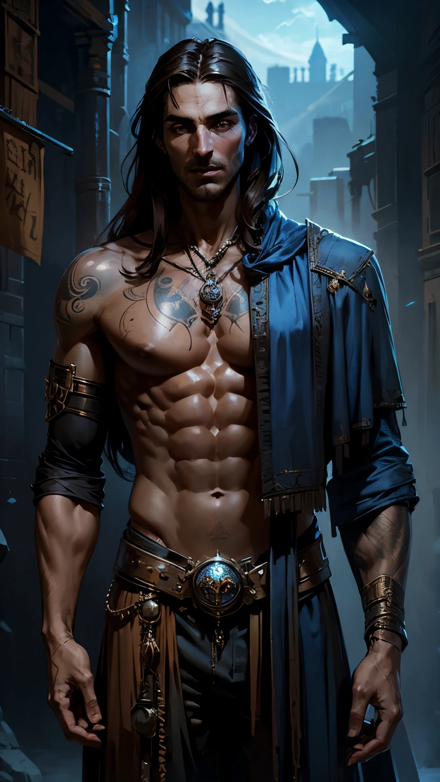 fantasy steampunk, tall and skinni man, slight build, long dark hair, black skin, face with many scar, look like Christian Bale, many tattoo on hands, gypsy clothes, blue steampunk background, he is an illusionist, gypsy style, Western fantasy style