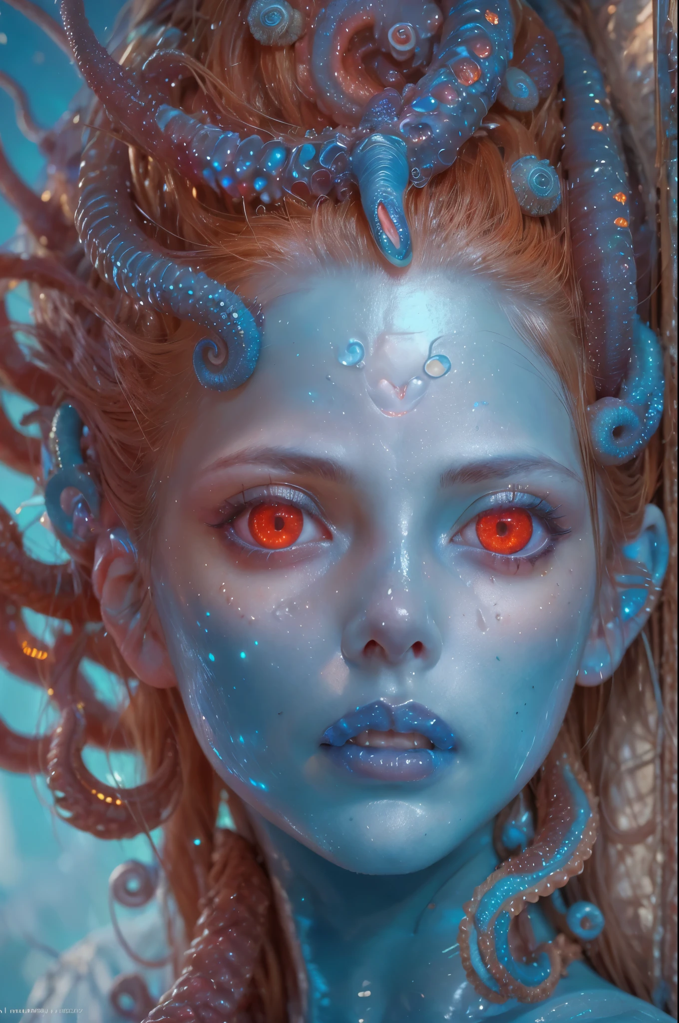 Portrait, (beautiful female alien:1.2), (she has red eyes with no pupils:1.8), (Translucent skin:1.7), (There is a female genital-like organ in the middle of the forehead..:1.9), (The most beautiful face in the history of the universe:1.2),an evil gaze that seduces, (large mouth:1.1), (sharp teeth like a vampire:1.2), Full body portrait, (bio luminescent:1.5), (Smile wickedly:1.3), (sexypose:1.5), alien, No humans, cells are fused, (Lots of translucent tentacles:1.3) extraterrestrial, cell, bio image, best quality, 8K,In 4K_quality, High freshness, Dramatic Lighting, masutepiece:1.5,cinematic quality, detail up, (exquisite details:1.2), high resolution, High freshness, drawing faithfully, (Thick eyebrows:1.2), Beautiful eyes with fine symmetry,(Highly detailed face and eyes:1.2), Intimate face, (Super detailed skin quality feeling:1.4), perfect anatomy, (Beautiful toned body:1.5), (Moist skin:1.2), not wearing makeup, (dark circles:1.1), long canines, cinematic drawing of characters, ultra high quality model, cinematic quality, detail up, (exquisite details:1.2), high resolution, High freshness, drawing faithfully, official art, Unity 8K Wall , 8K Portrait, best quality, Very high resolution, ultra detailed artistic photography, midnight aura, unreal engine 5, Ultra Sharp Focus, art by alberto seveso, ArtGerm, Roisch, intricate artwork, best quality, masterpiece, ultra high resolution, (photos realistic:1.4), ultra realistic realism, dream-like, nautilus, Creation of fantasy, Snail, Dream Snail, (biopunk nautilus:1.3),Thrilling color schemes, ultra realistic realism, seductively smiling, Blue tentacles,