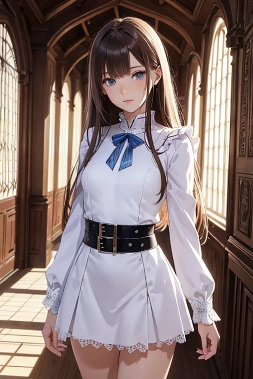 masterpiece++, best quality++, ultra-detailed+, extremely detailed++, 4K, 8K+, best quality, beautiful+, anime style,1person,full body image,room,girly white mimi onepiece dress,leather belt,tight belt,beautiful straight brown hair,beautiful blue eyes, beautiful eyes++,long straight hair