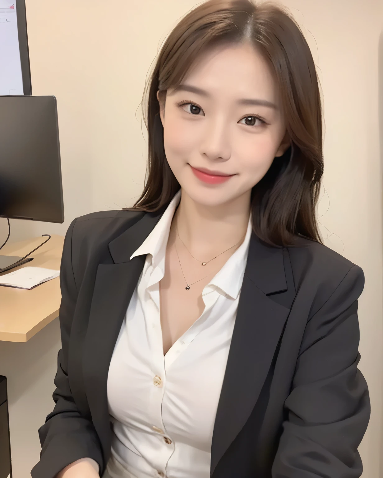 (Masterpiece, best resolution: 1.2), (brown eyes), seduction, smile, long brown hair, small breast, high-definition facial features, 8K, double eyelids, delicate facial feature, (((office))), ((((wearing a black blazer with white button-up shirt)))、(black trousers)、sitting on a chair, computer, ((full body)), ((wide shot))