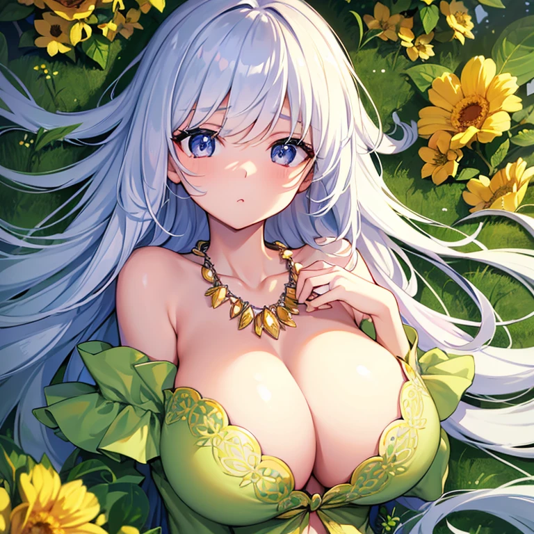 beautiful girl, hair over shoulders, clear eyes, smooth hair, exquisite and perfect facial features, The most beautiful big eyes, long eyelashes, Lying silkworm and sweet eyes, pout, dynamic angle, ultimate image quality, highest precision, Precise and perfect human body, necklace, bust, close, outdoor, The background is flowers and plants, long shot,