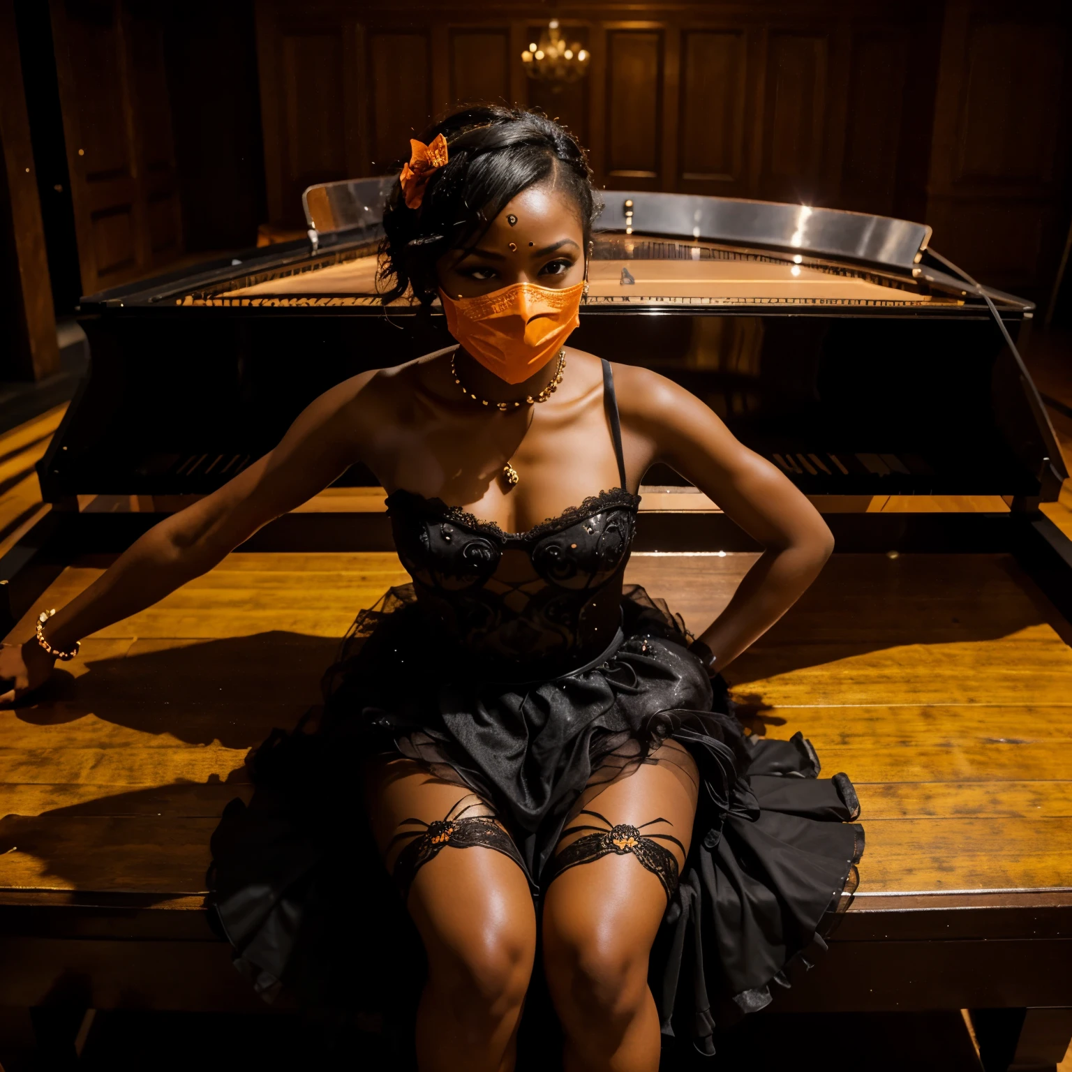 Black woman wearing orange sparkling dress wearing orange masquerade mask on face, she sits on top of black piano, in brown wooden type ballroom