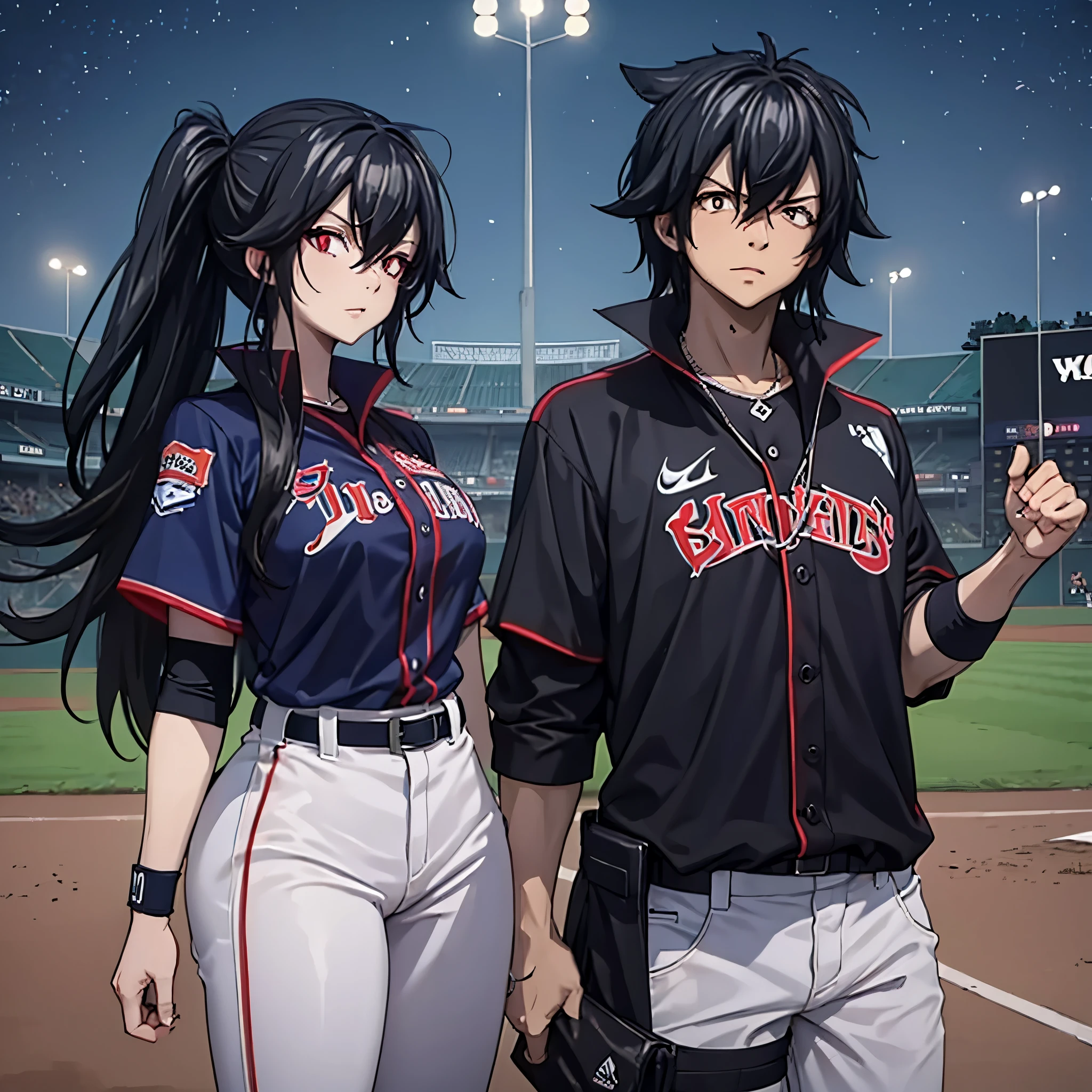 A man in a black baseball outfit together with a woman (eye red) in a baseball outfit on the baseball field at night
