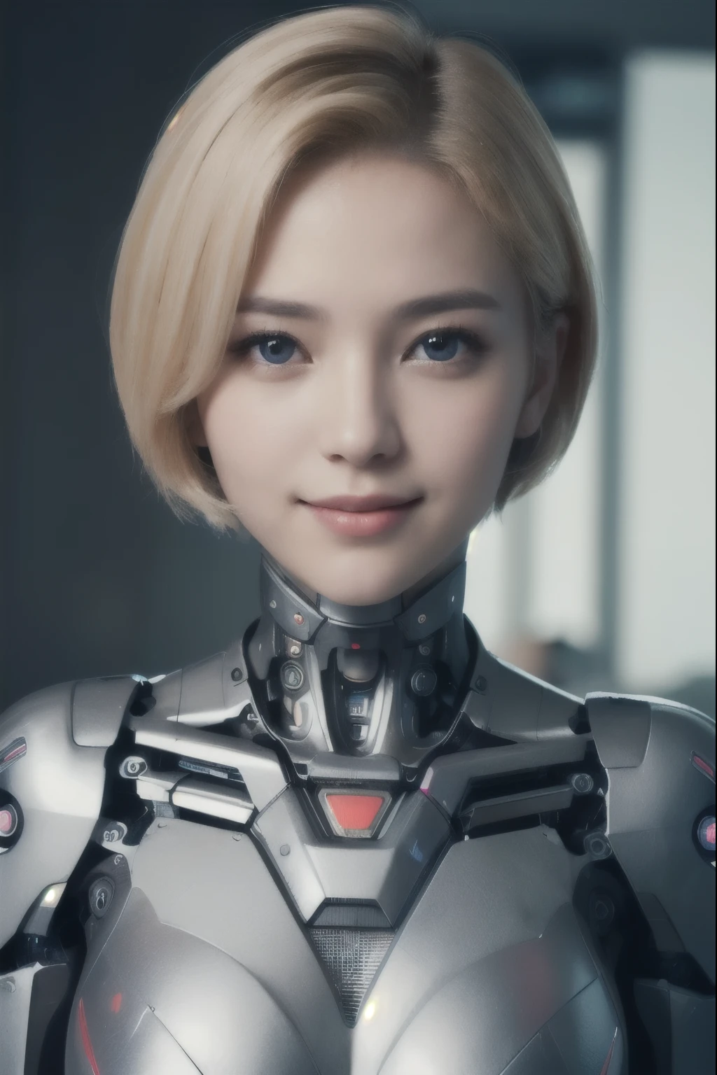 ((Perfectly beautiful woman))、(Detailed machine body)、(((human face and neck, cyborg body)))、smile、(((I can see all the way to my toes)))、blonde short hair、blue glowing eyes