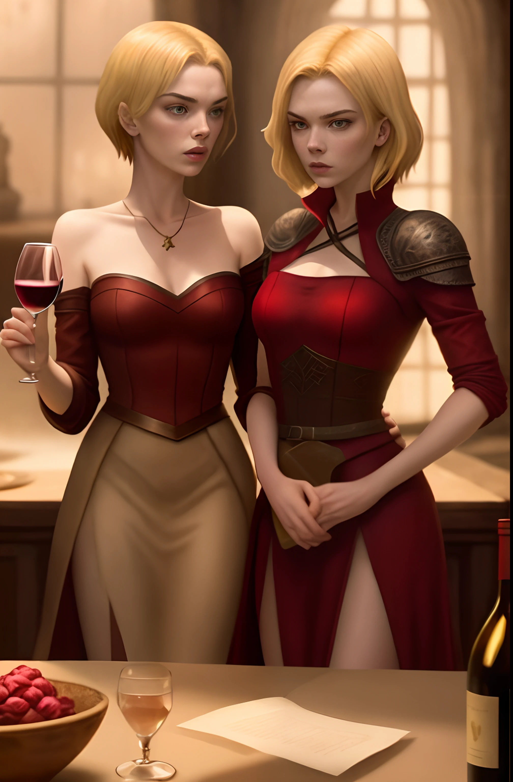 RED RED ANYA TAYLOR-JOY DRINKING WINE WITH CERSei LANNISTER BLONDE WITH SHORT HAIR