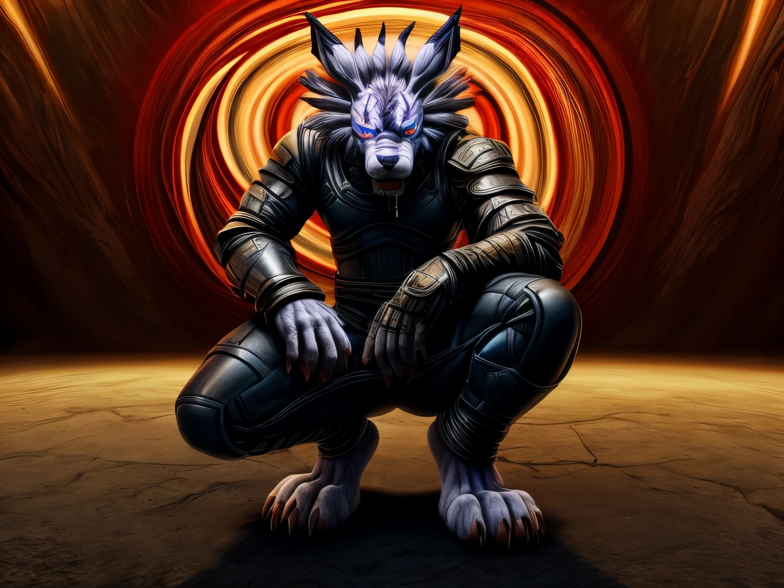 Barefoot hypnotised WereGarurumon wears black ninja suit, tebowing, detailed paws with claws, blue fur, in a trance, a look of weak resistance to hypnosis on his face, drooling, red glow in his eyes