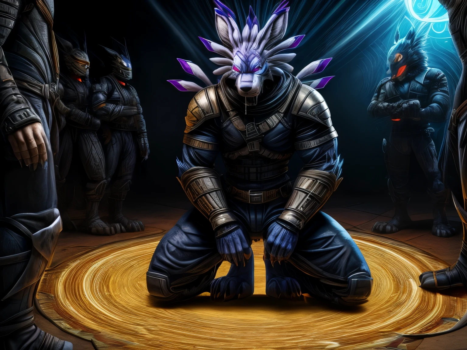 Barefoot hypnotised WereGarurumon wears black ninja suit, tebowing, detailed paws with claws, blue fur, in a trance, a look of weak resistance to hypnosis on his face, drooling, red glow in his eyes