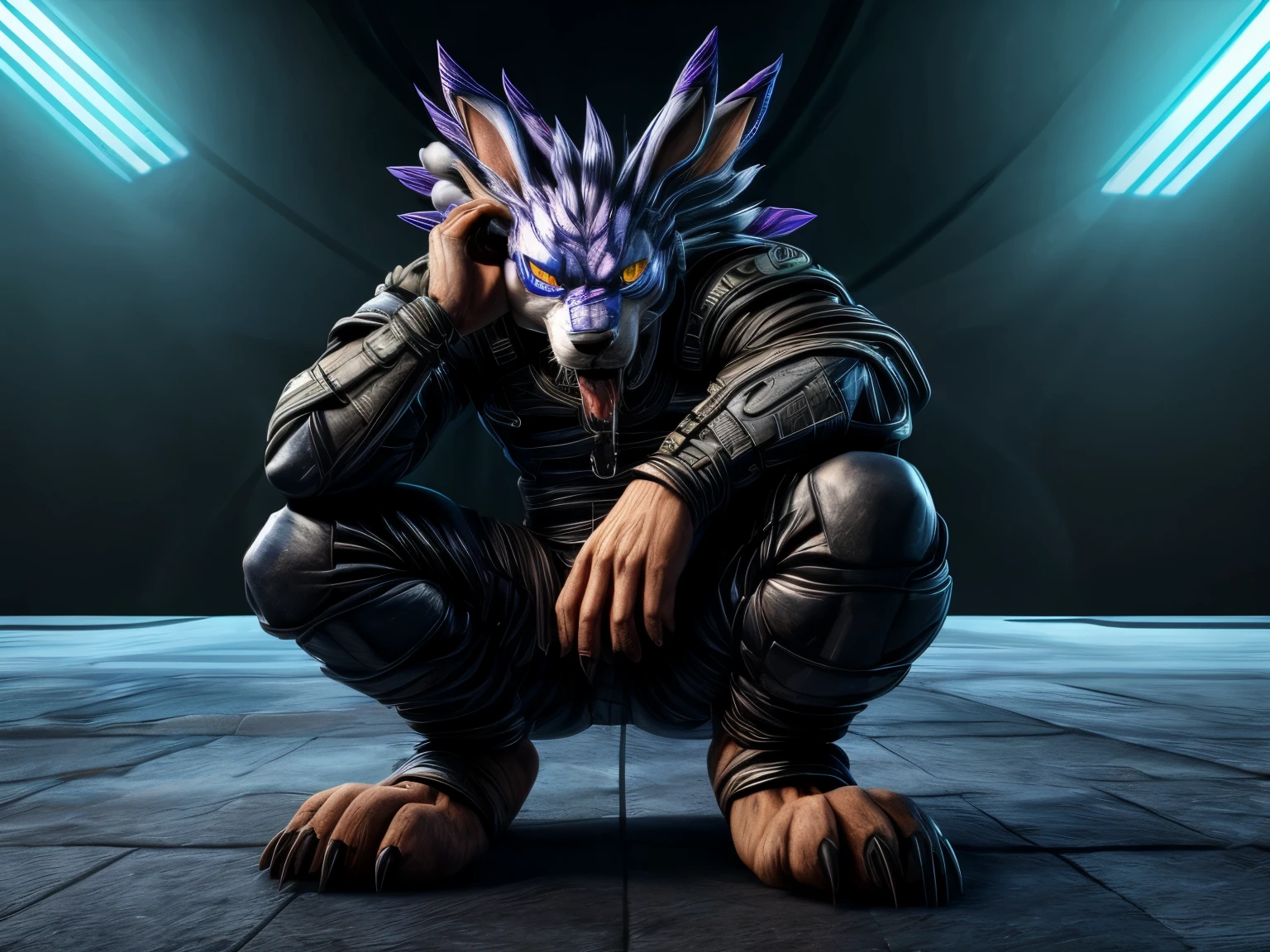 Barefoot hypnotised WereGarurumon wears black ninja suit, tebowing, detailed paws with claws, blue fur, in a trance, a look of weak resistance to hypnosis on his face, drooling, red glow in his eyes