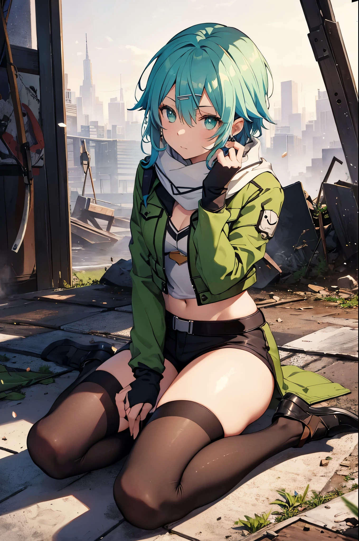 (masterpiece), best quality, expressive eyes, perfect face, highres, sinon1, scarf, fingerless gloves, long sleeves, short shorts, hair ornament, hairclip, green thighhighs, green jacket, thigh strap, field, ruins background, ruined structures, sitting, on floor, knees up, portrait, looking at the viewer,