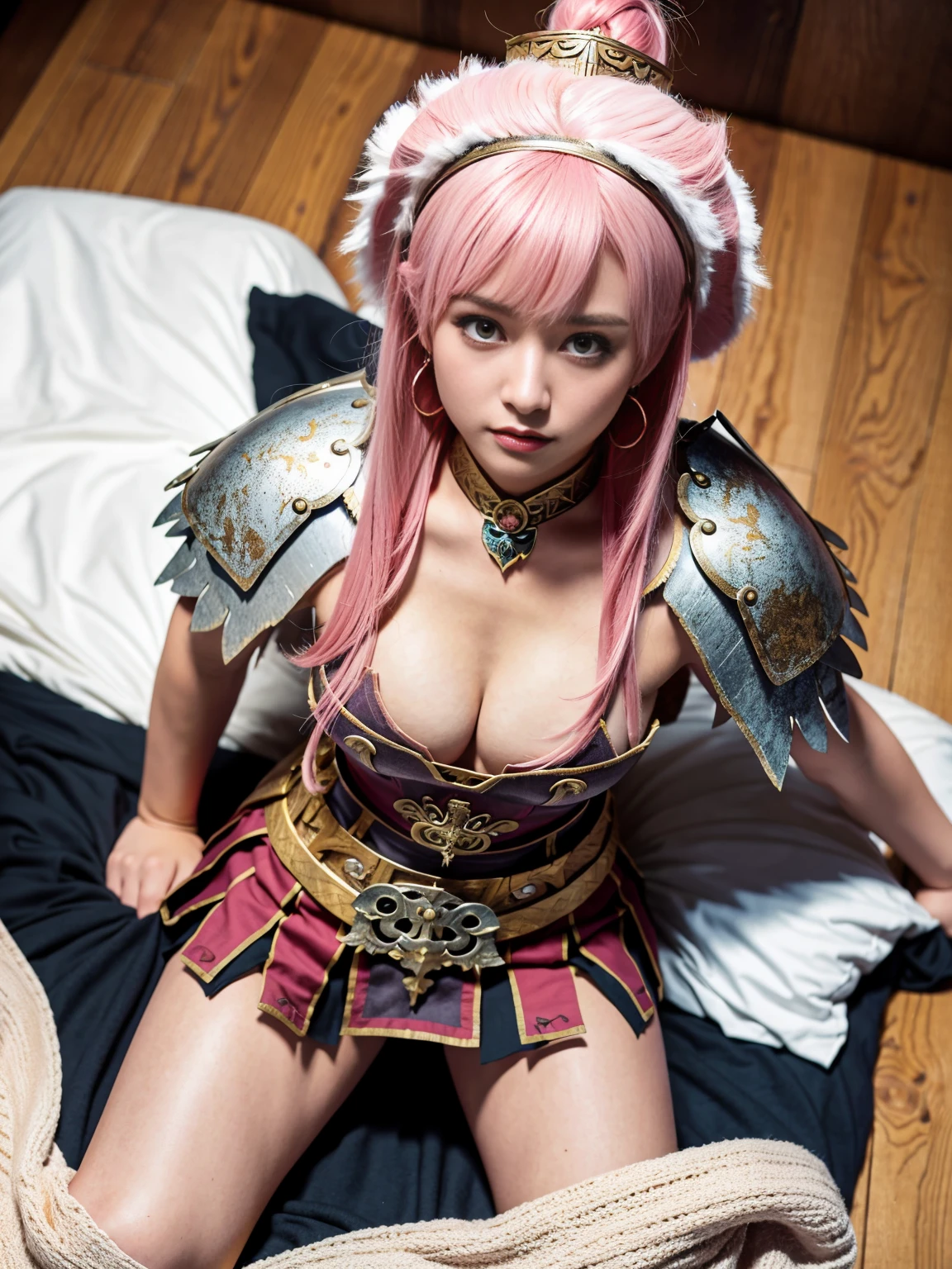 (photo realistic1.2),ultra detailed,(8K),(1girl),(Fantasy World:1.5),(wooden house),(bed),Clothing with low sheen,(warrior Costume:1.5),warrior items on the wall,warrior gear,(warrior Hat),skirt,topless, (small nipples), (big breasts: 1.2),nude gravure, beautiful Japanese, clothes in disarray,earrings,moderate muscle tone,(from above:1.5),(looking at viewer),(kneeling pose),smirk,(upper body),(spread legs:1.2),(pink hair),(medium hair),24years old,