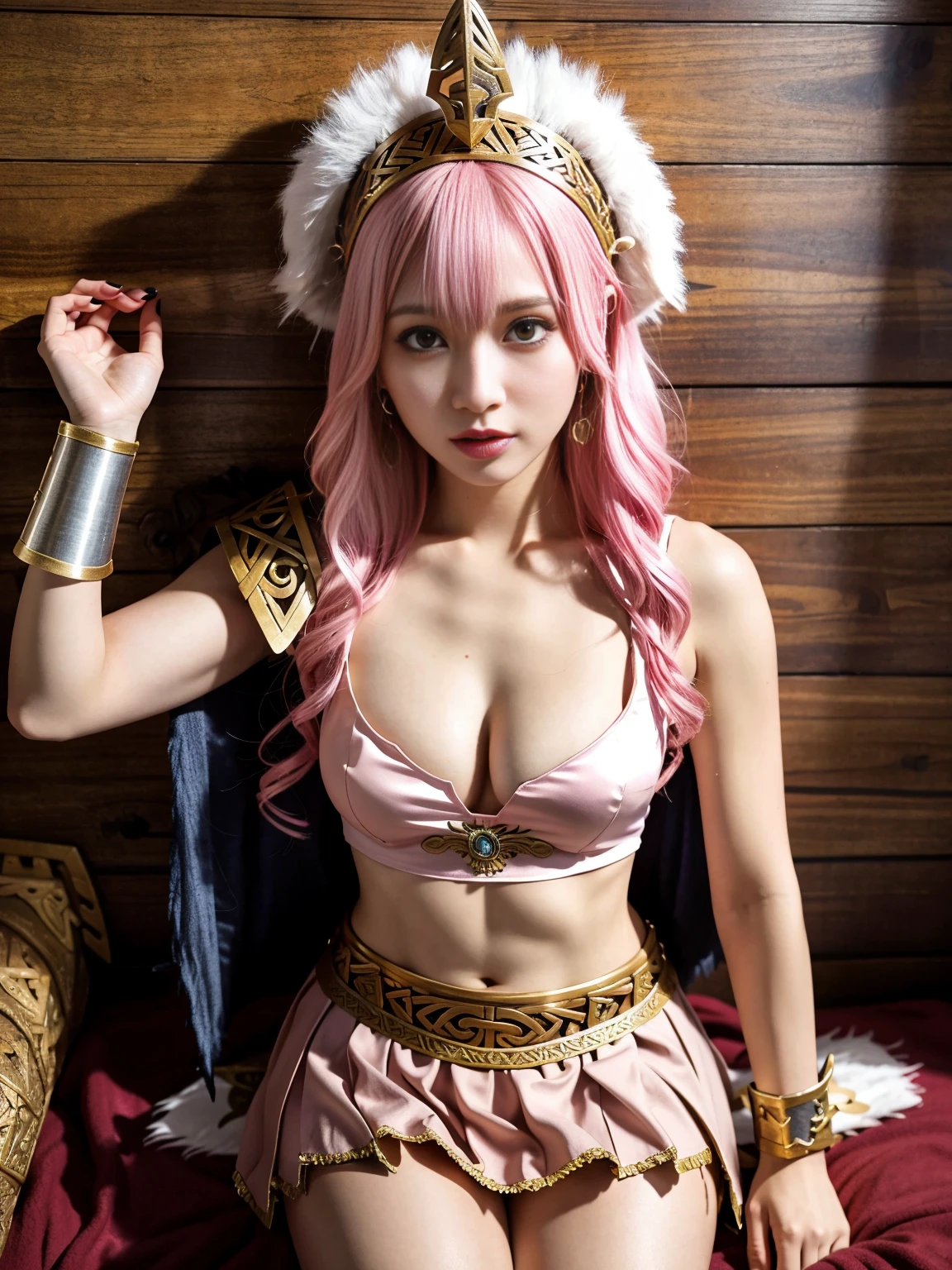 (photo realistic1.2),ultra detailed,(8K),(1girl),(Fantasy World:1.5),(wooden house),(bed),Clothing with low sheen,(warrior Costume:1.5),warrior items on the wall,warrior gear,(warrior Hat),skirt,topless, (small nipples), (big breasts: 1.2),nude gravure, beautiful Japanese, clothes in disarray,earrings,moderate muscle tone,(from above),looking at viewer,(reaching out),(snicker),bust shot,(pink hair),(medium hair),24years old,