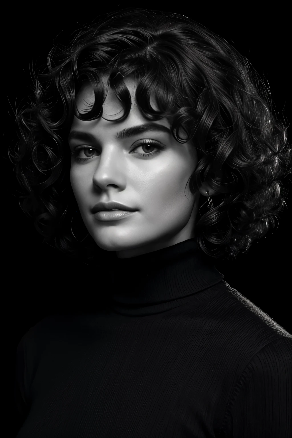 Photo-BW, Human-Likeness, photomodel, bob hair, curly hair, black turtleneck sweater, grey  background
Portrait-Medium Shot