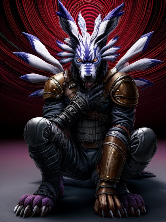 Barefoot hypnotised WereGarurumon wears black ninja suit, tebowing, detailed paws with claws, blue fur, in a trance, a look of weak resistance to hypnosis on his face, drooling, red glow in his eyes