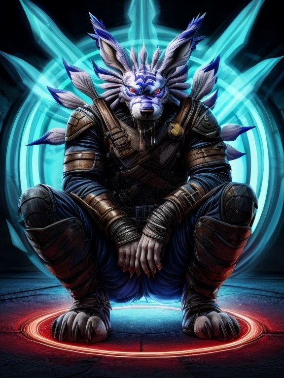 Barefoot hypnotised WereGarurumon wears black ninja suit, tebowing, detailed paws with claws, blue fur, in a trance, a look of weak resistance to hypnosis on his face, drooling, red glow in his eyes