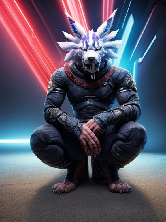 Barefoot hypnotised WereGarurumon wears black ninja suit, tebowing, detailed paws with claws, blue fur, in a trance, a look of weak resistance to hypnosis on his face, drooling, red glow in his eyes