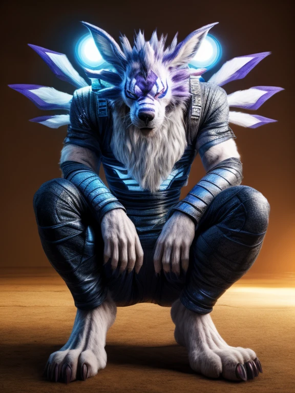 Barefoot hypnotised WereGarurumon wears black ninja suit, tebowing, detailed paws with claws, blue fur, in a trance, a look of weak resistance to hypnosis on his face, drooling, red glow in his eyes