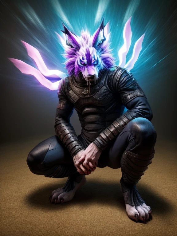 Barefoot hypnotised WereGarurumon wears black ninja suit, tebowing, detailed paws with claws, blue fur, in a trance, a look of weak resistance to hypnosis on his face, drooling, red glow in his eyes