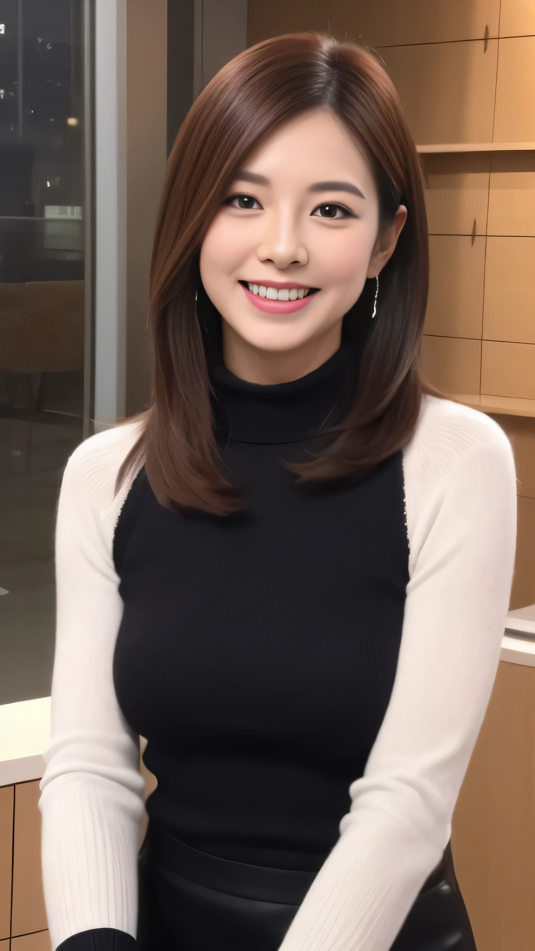 hostess face、sexy face、turtleneck wool sweater、skirt、High quality、Super realistic、healthy、smiling expression、perfect slender figure、Japanese beauty、 perfect eyes、Shining beautiful skin、upper part of the body、Tokyo skyscrapers