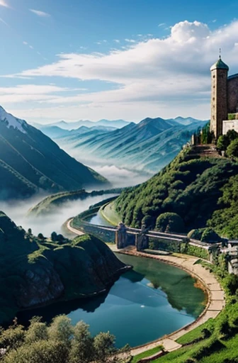 A huge sword is stuck in the ground、jade sword、Precise decoration、Medieval European towns、mountains、Light of the sun、blue sky、sea of clouds