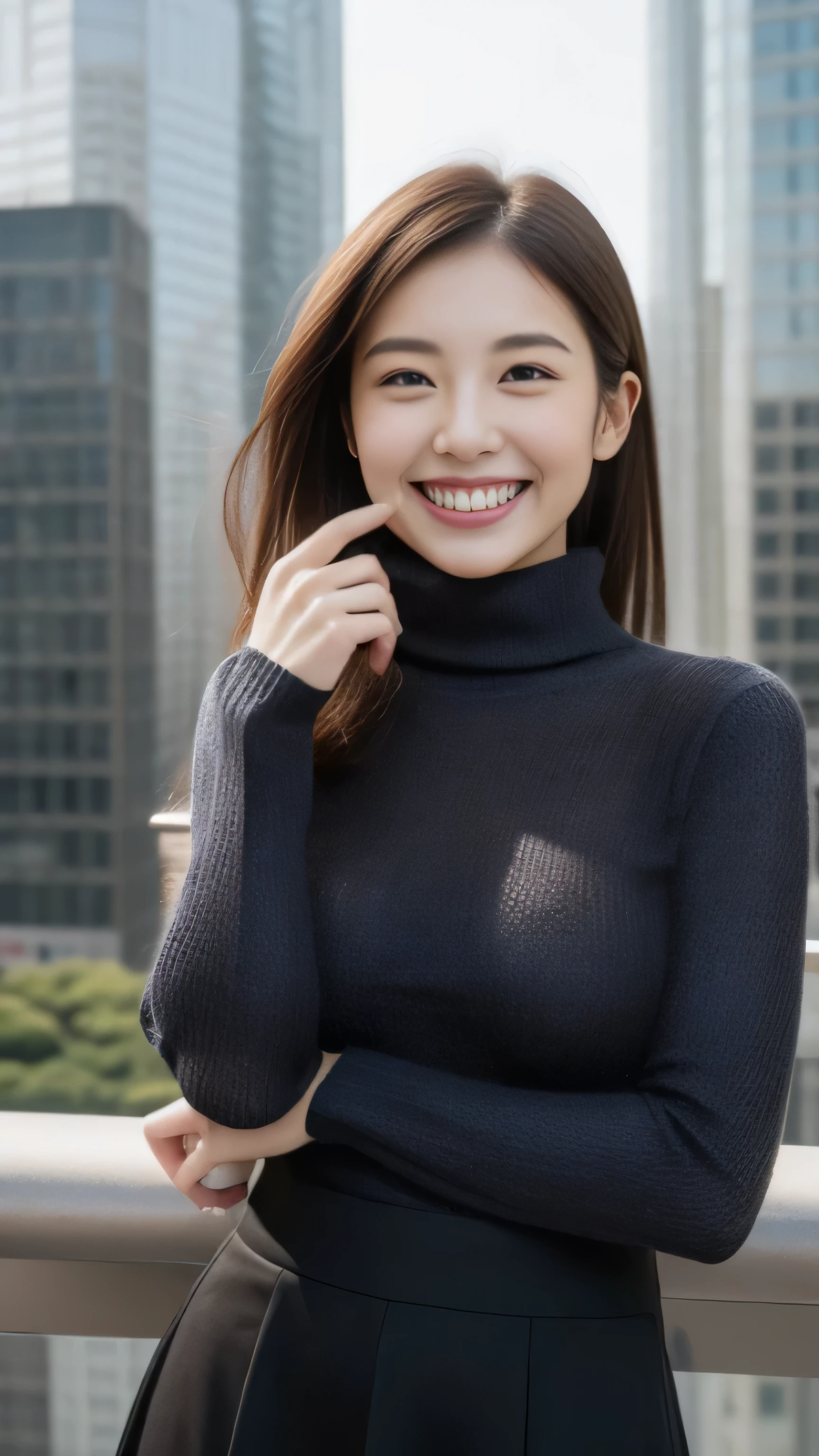 hostess face、sexy face、turtleneck wool sweater、skirt、High quality、Super realistic、healthy、smiling expression、perfect slender figure、Japanese beauty、 perfect eyes、Shining beautiful skin、upper part of the body、Tokyo skyscrapers
