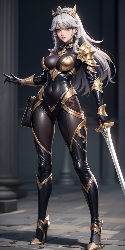 full body picture Unreal Engine 5 8K UHD of beautiful women, light grey hair, princess warrior, royal silver armor with details, black chainmail bodysuit underwear, female royal knight, formal pose, holding steel sword with ancient language, flying ancient language effect, stand in palace, best quality, masterpiece