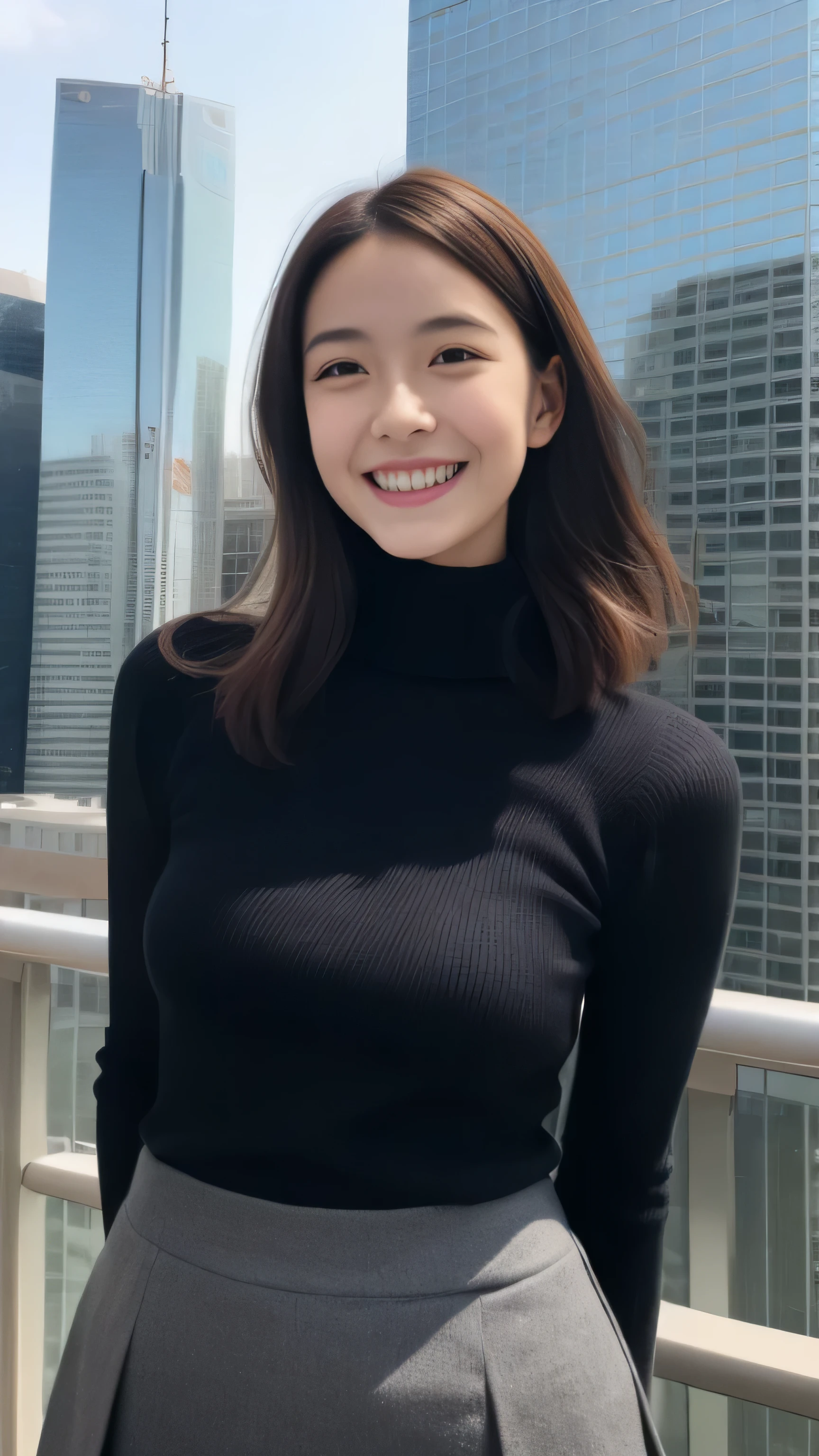 hostess face、y face、turtleneck wool sweater、skirt、High quality、Super realistic、healthy、smiling expression、perfect slender figure、Japanese beauty、 perfect eyes、Shining beautiful skin、upper part of the body、Tokyo skyscrapers
