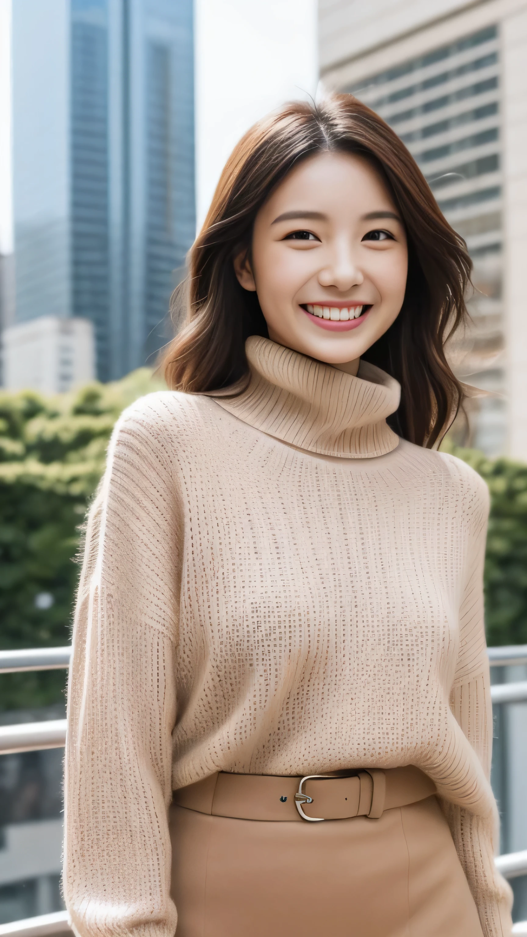 hostess face、sexy face、turtleneck wool sweater、skirt、High quality、Super realistic、healthy、smiling expression、perfect slender figure、Japanese beauty、 perfect eyes、Shining beautiful skin、upper part of the body、Tokyo skyscrapers
