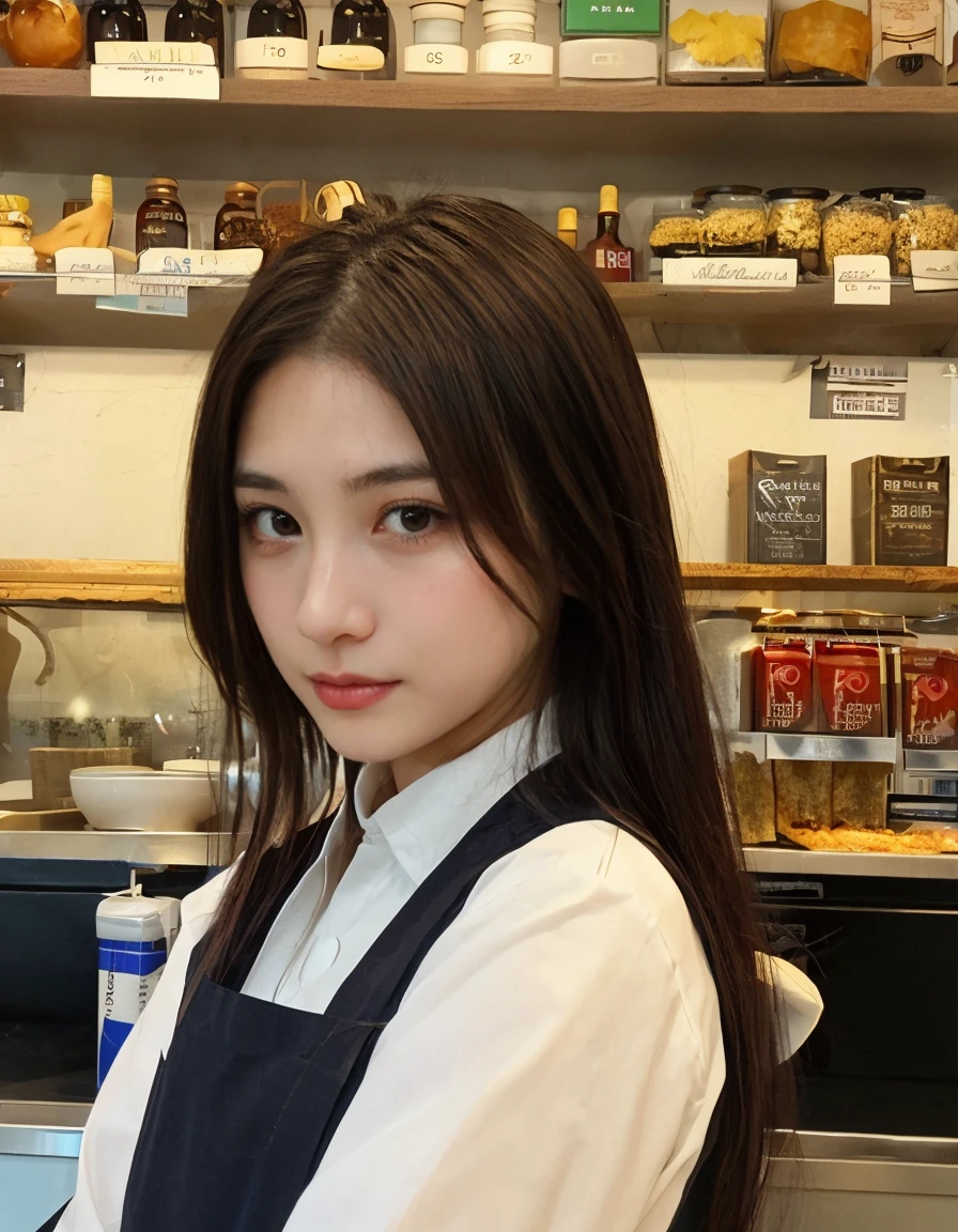 Japanese、woman、20-year-old、Unique face、pizza shop、Part-time clerk、apron bun hair、hide your hair in a hat、small fat、big nose、small eyes、(single eyelid)、(vampire tooth)、waist、serious、
