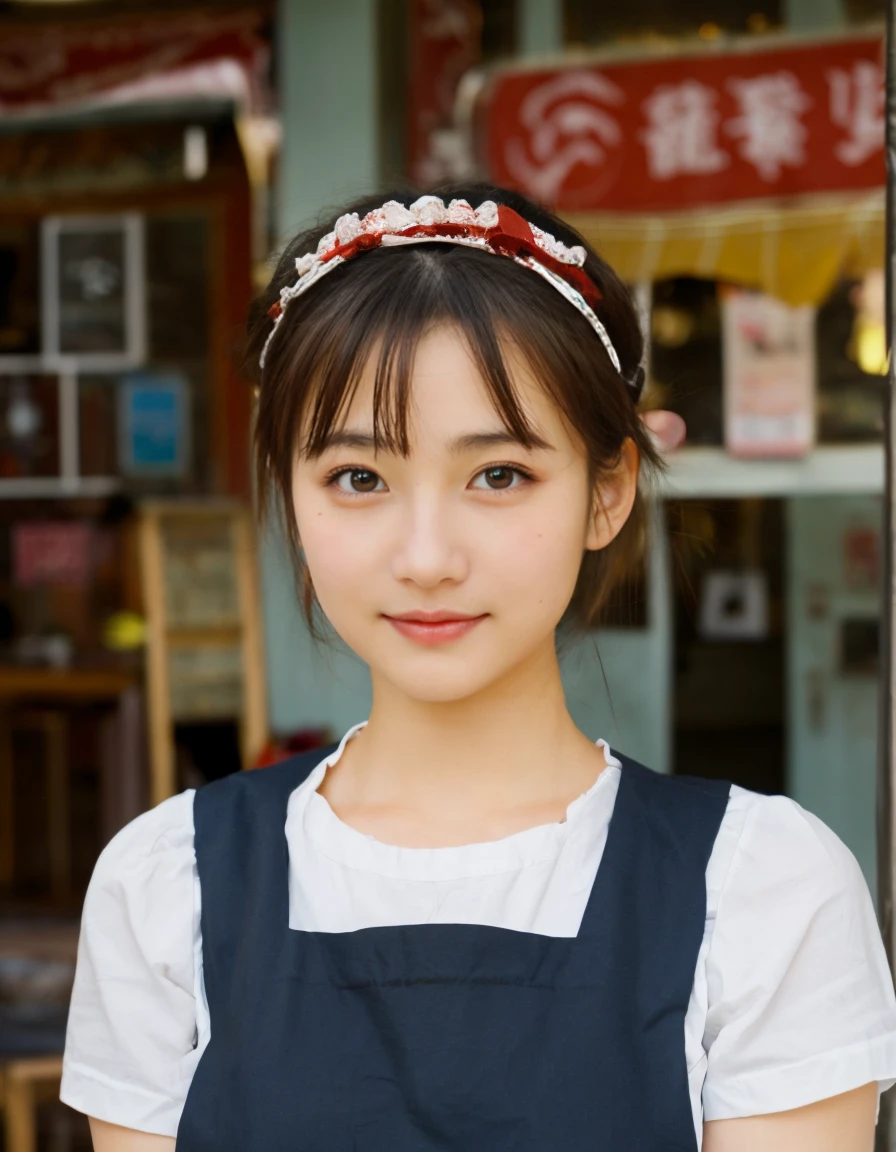 Japanese、woman、20-year-old、Unique face、pizza shop、Part-time clerk、apron bun hair、hide your hair in a hat、small fat、big nose、small eyes、(single eyelid)、(vampire tooth)、waist、serious、