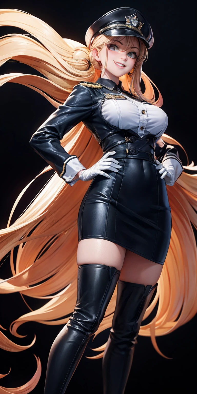 A single full-length woman standing at a symmetrical low angle, from below, barefoot, smiling lustfully with red blush, hands on hips, big knockers
masterpiece,best quality, 1girl, solo, dark, night, crazy smile, looking at viewer, standing, black background, cowboy shot, arms behind back,
medb \(fate\), peaked cap, red thigh boots, black skirt, military uniform, white gloves, hair bun,