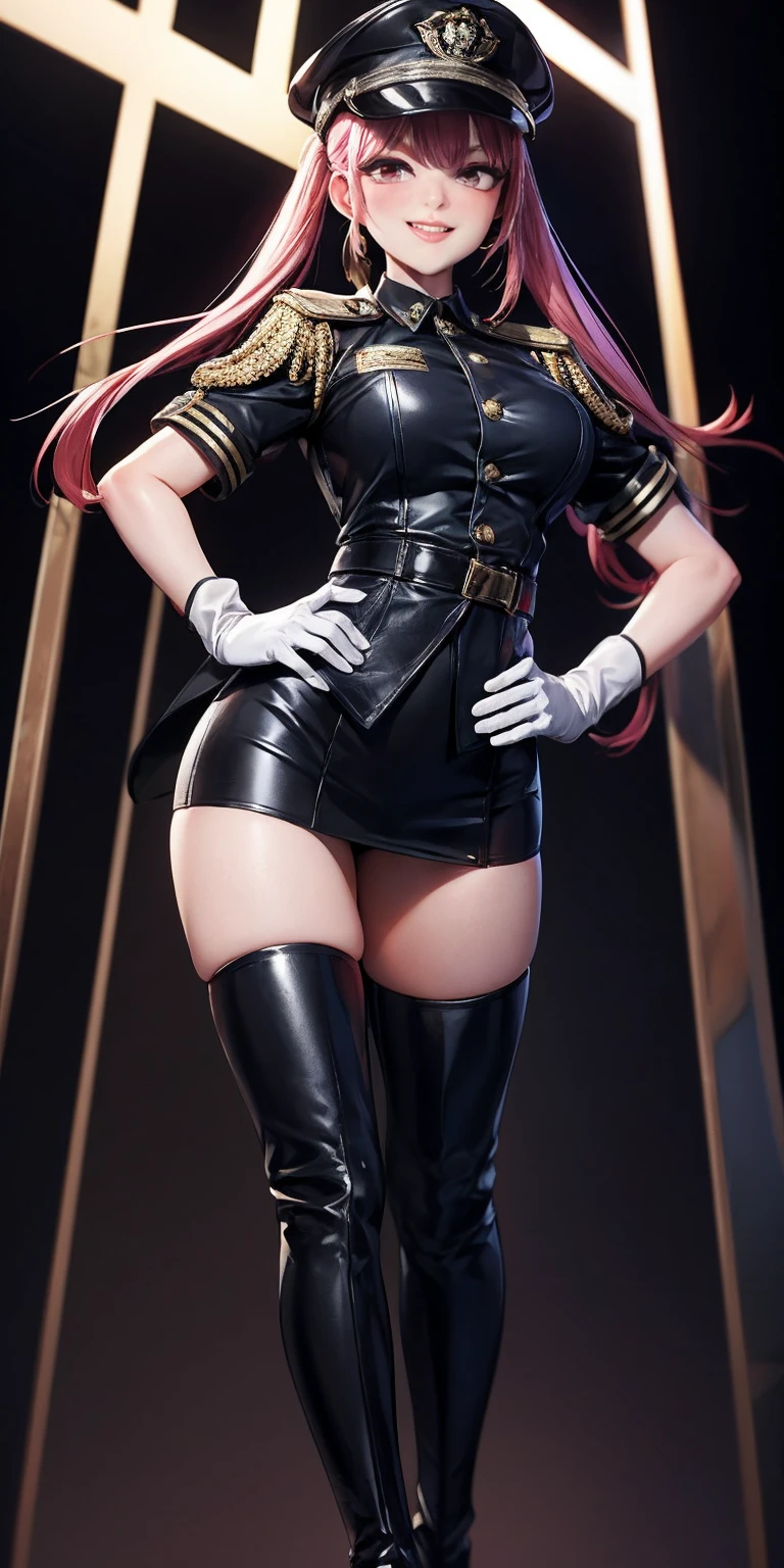 A single full-length woman standing at a symmetrical low angle, from below, barefoot, smiling lustfully with red blush, hands on hips, big knockers
masterpiece,best quality, 1girl, solo, dark, night, crazy smile, looking at viewer, standing, black background, cowboy shot, arms behind back,
medb \(fate\), peaked cap, red thigh boots, black skirt, military uniform, white gloves, hair bun,