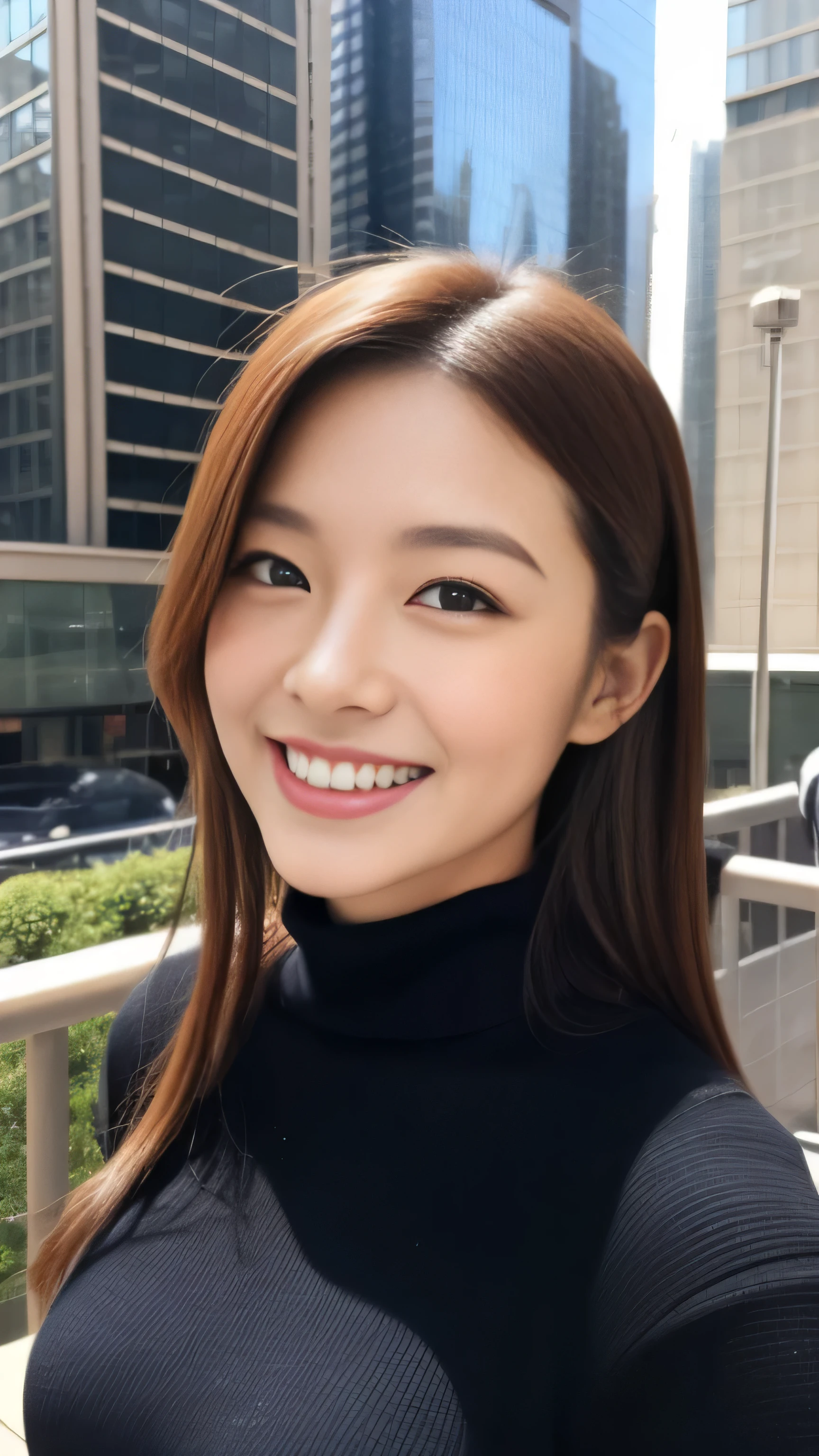 hostess face、sexy face、turtleneck wool sweater、skirt、High quality、Super realistic、healthy、smiling expression、perfect slender figure、Japanese beauty、 perfect eyes、Shining beautiful skin、upper part of the body、Tokyo skyscrapers