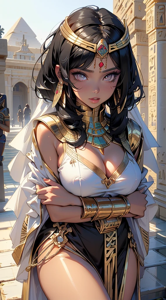 24-year-old female、Egyptian、Cleopatra、Sexy proportions、Egyptian Old Kingdom Clothing、Cleavage Emphasis