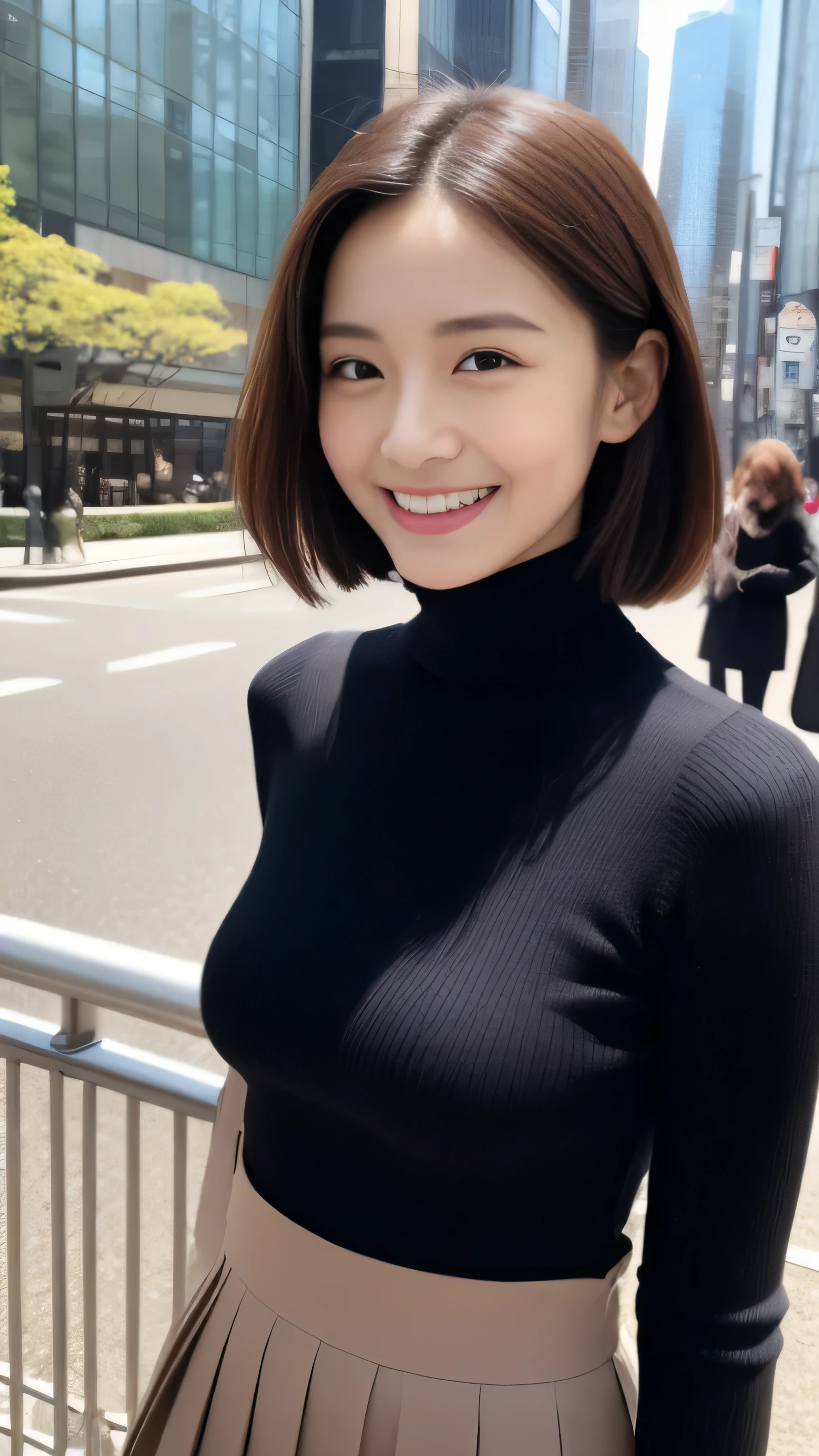 hostess face、sexy face、turtleneck wool sweater、skirt、High quality、Super realistic、healthy、smiling expression、perfect slender figure、Japanese beauty、 perfect eyes、Shining beautiful skin、upper part of the body、Tokyo skyscrapers