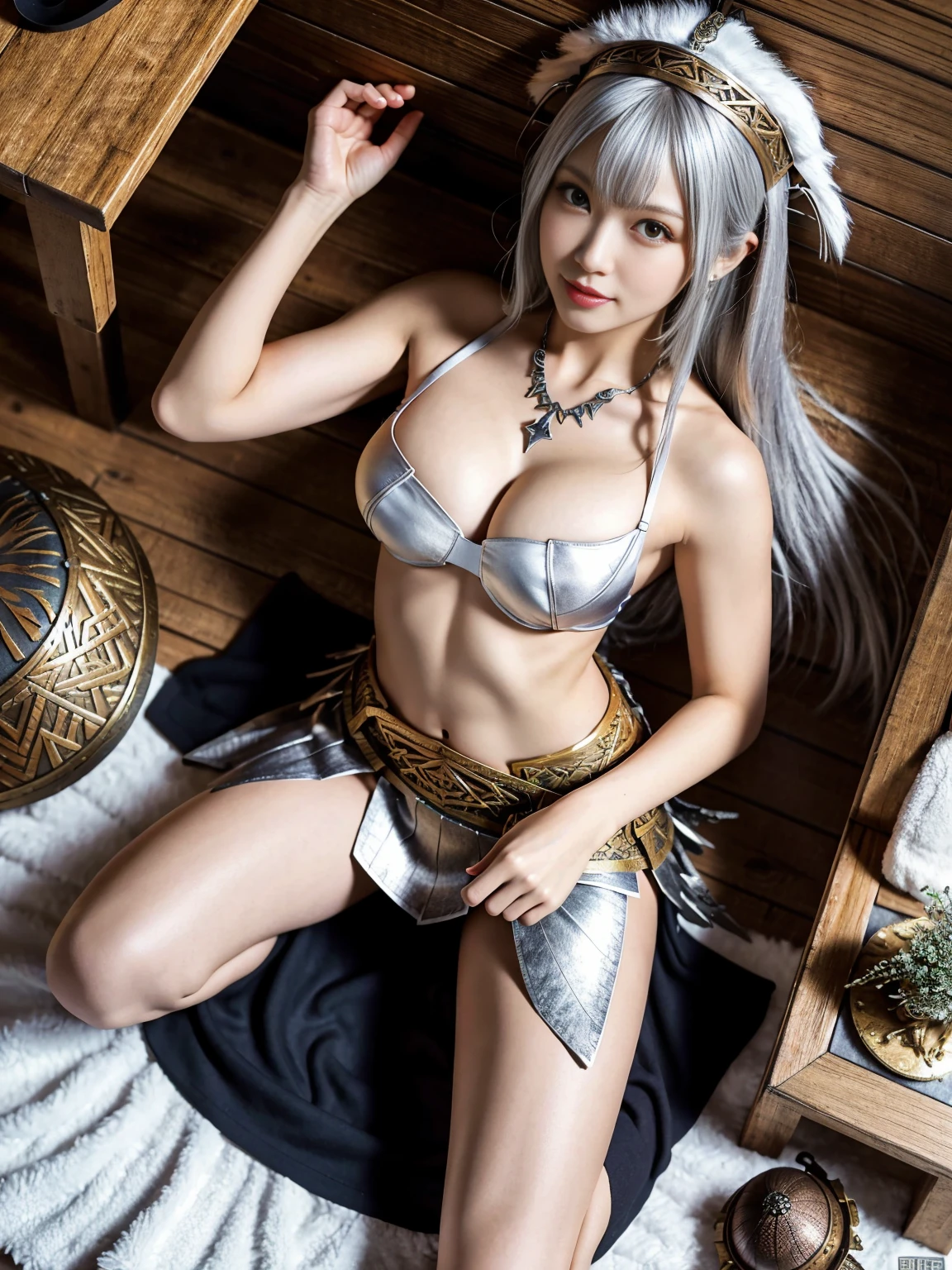 (photo realistic1.2),ultra detailed,(8K),(1girl),(Fantasy World:1.5),(wooden house),(bed),Clothing with low sheen,(warrior Costume:1.5),warrior items on the wall,warrior gear,(warrior Hat),skirt,topless, (small nipples), (big breasts: 1.2),nude gravure, beautiful Japanese, clothes in disarray,earrings,moderate muscle tone,(from above:1.5),(looking at viewer),(kneeling pose),smirk,(upper body),(spread legs:1.2),(silver hair),(medium hair),22years old,