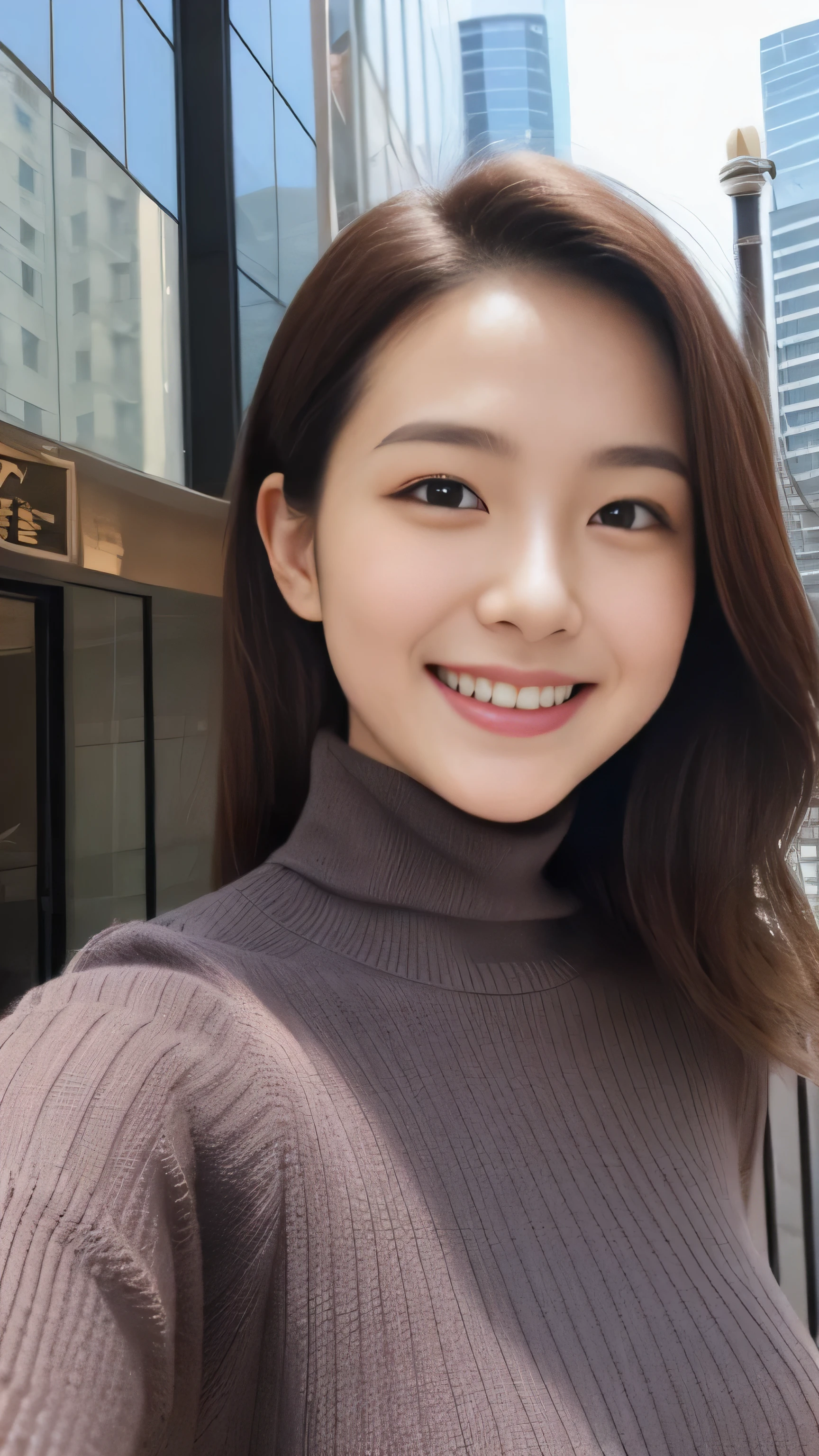 hostess face、sexy face、turtleneck wool sweater、skirt、High quality、Super realistic、healthy、smiling expression、perfect slender figure、Japanese beauty、 perfect eyes、Shining beautiful skin、upper part of the body、Tokyo skyscrapers